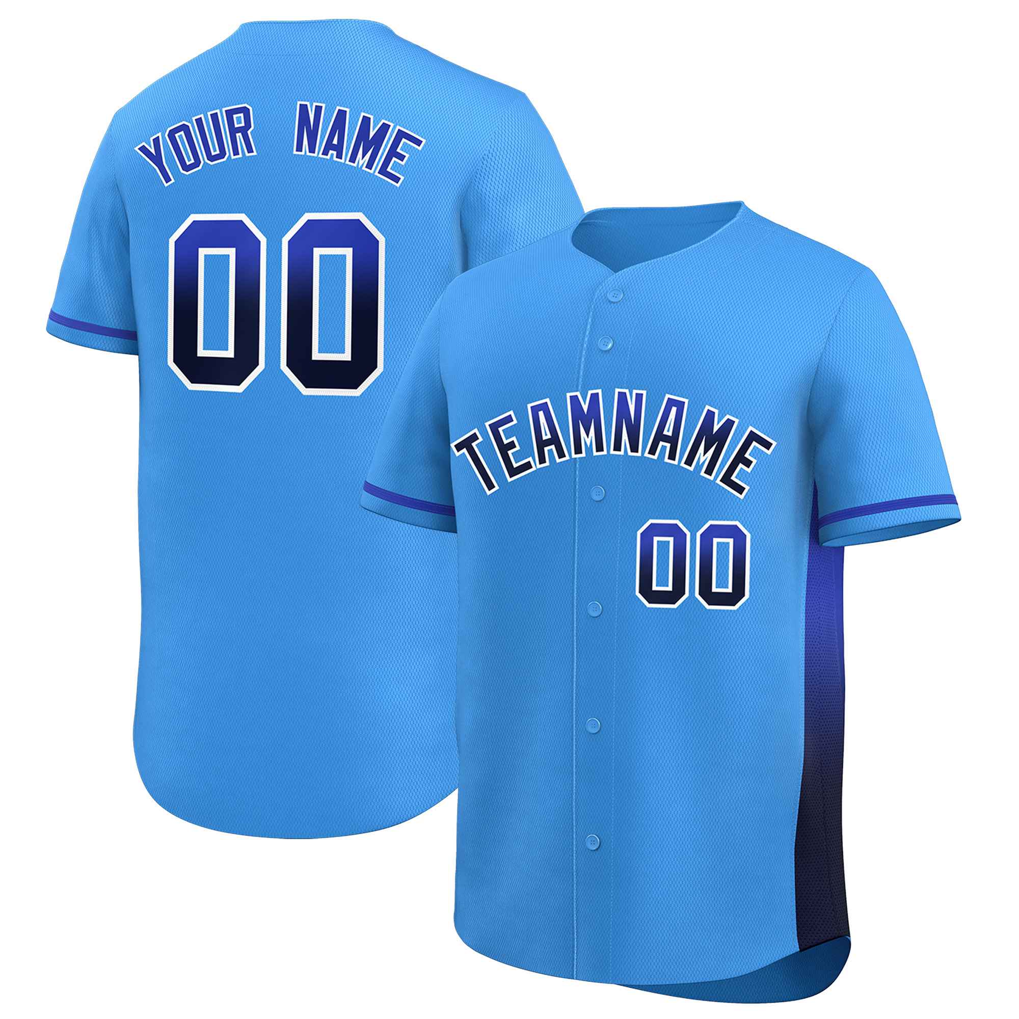 Custom Powder Blue Royal-Navy Personalized Gradient Font And Side Design Authentic Baseball Jersey