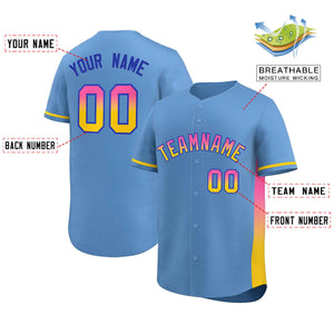 Custom Light Blue Pink-Gold Personalized Gradient Font And Side Design Authentic Baseball Jersey