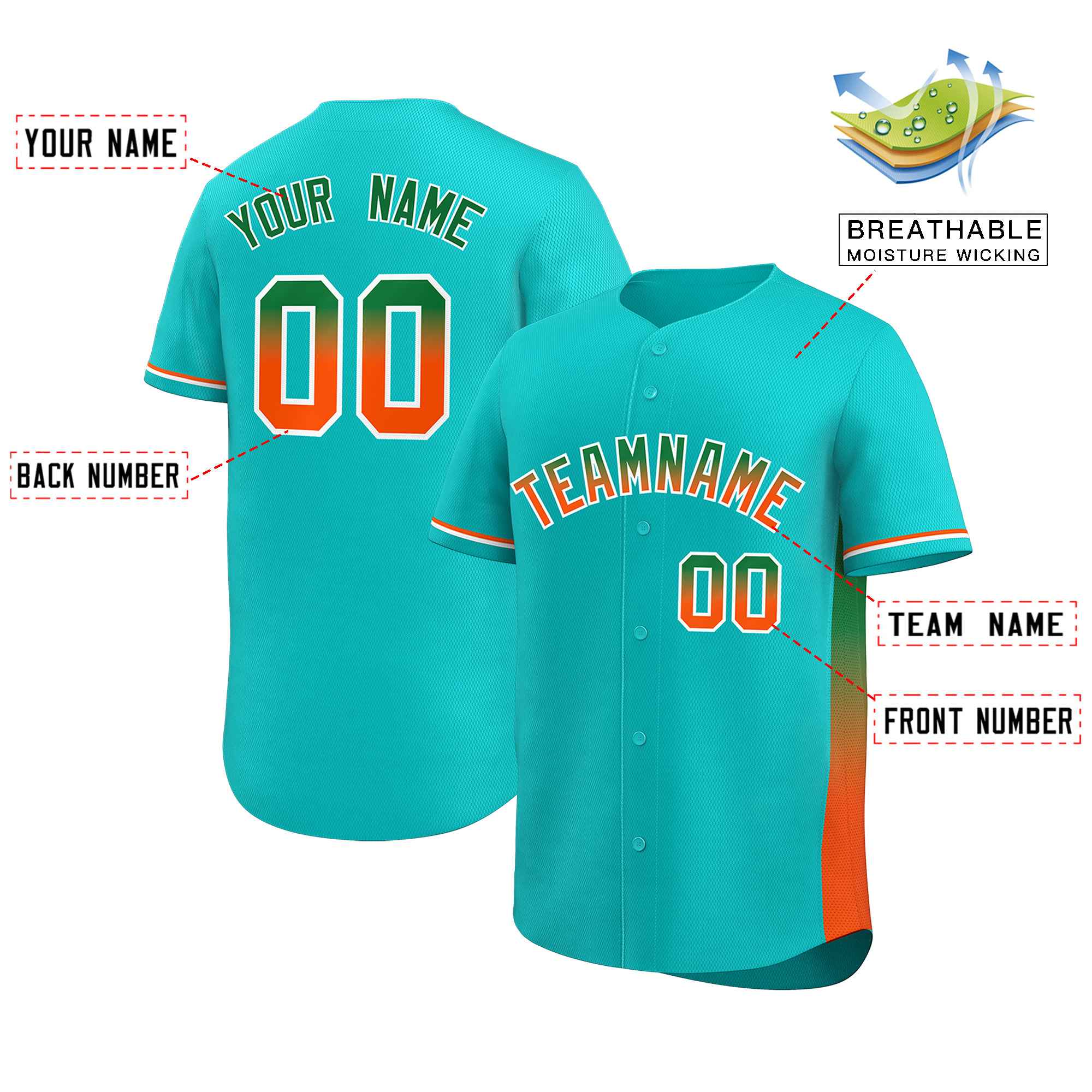 Custom Aqua Kelly Green-Orange Personalized Gradient Font And Side Design Authentic Baseball Jersey