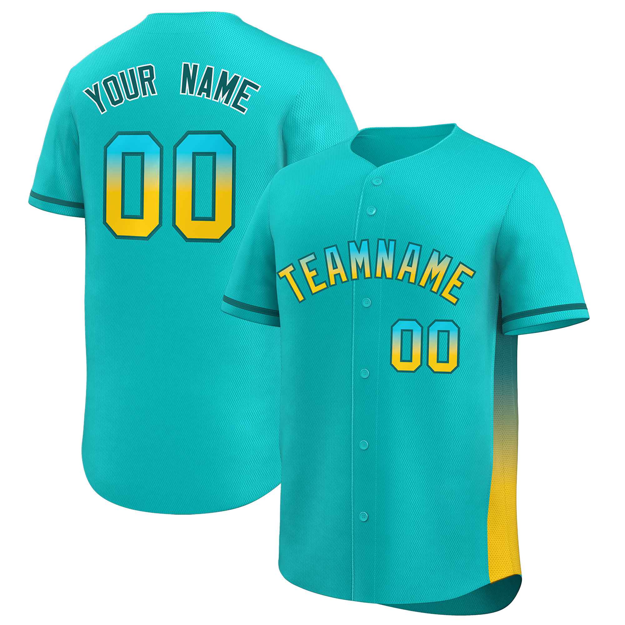 Custom Aqua Aqua-Gold Personalized Gradient Font And Side Design Authentic Baseball Jersey