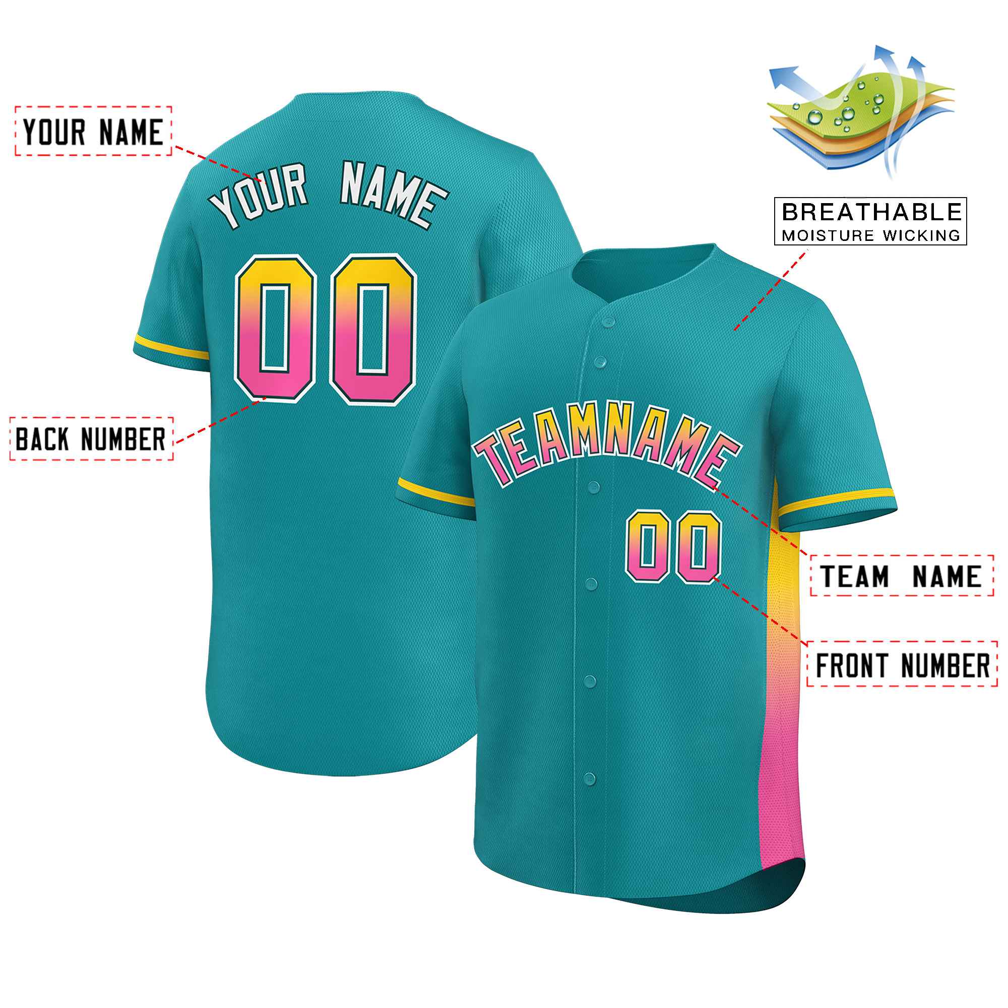 Custom Aqua Gold-Pink Personalized Gradient Font And Side Design Authentic Baseball Jersey