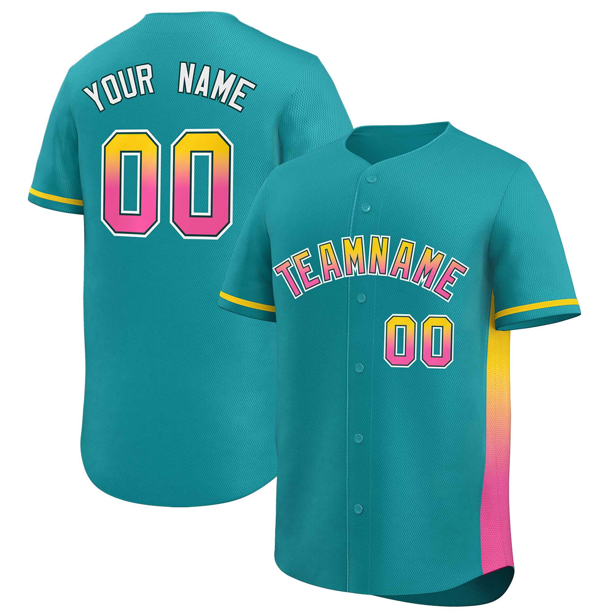 Custom Aqua Gold-Pink Personalized Gradient Font And Side Design Authentic Baseball Jersey