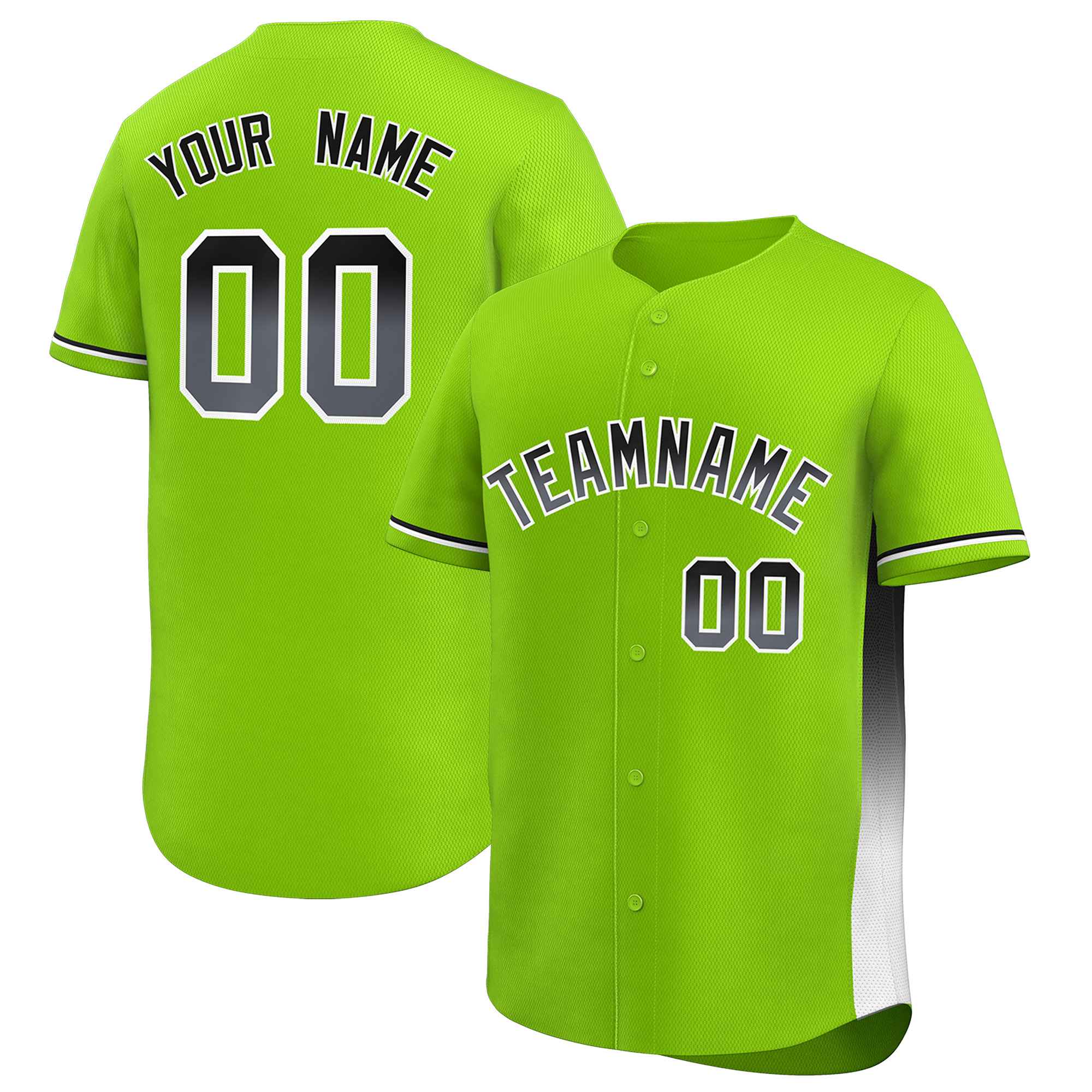 Custom Neon Green Black-White Personalized Gradient Font And Side Design Authentic Baseball Jersey