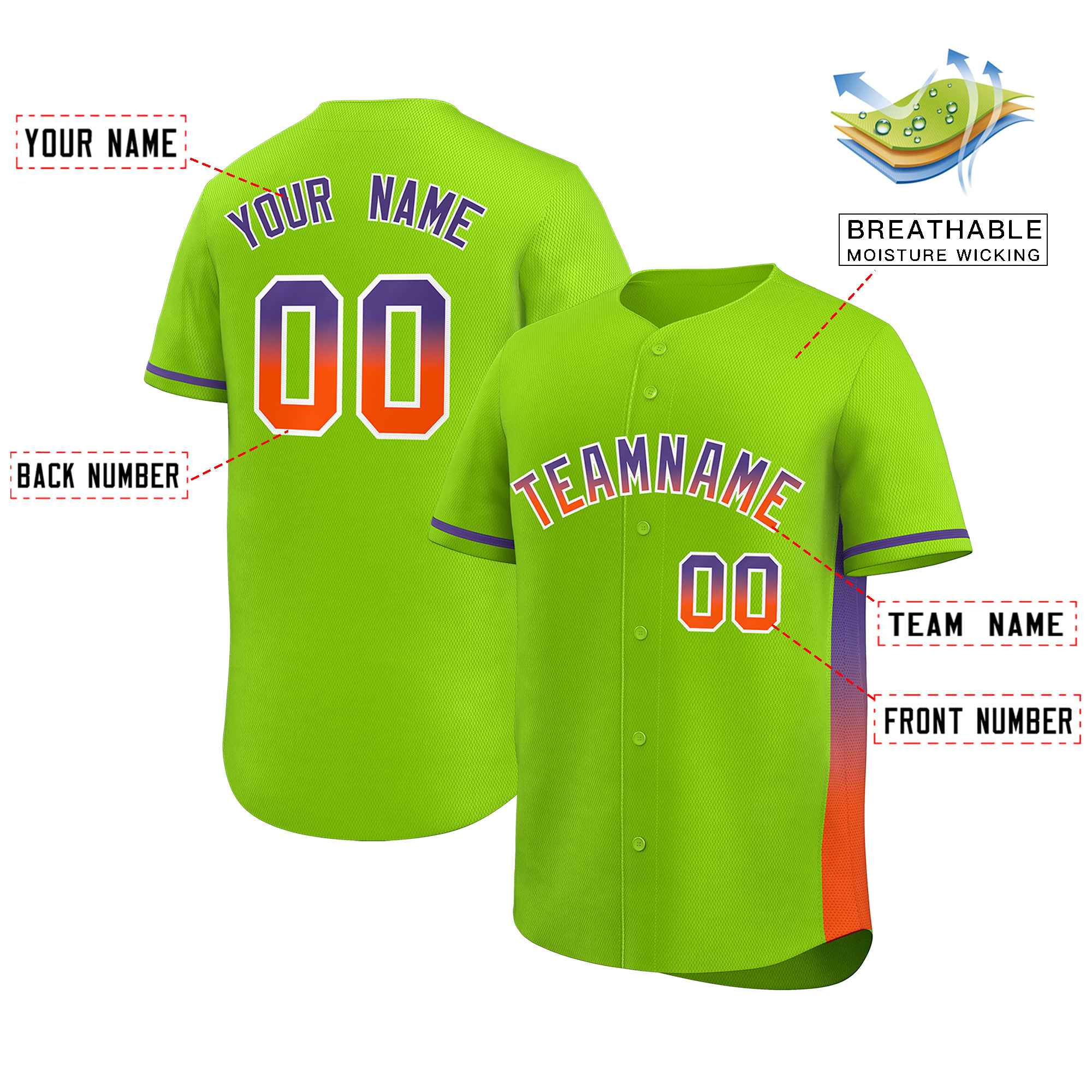 Custom Neon Green Purple-Orange Personalized Gradient Font And Side Design Authentic Baseball Jersey