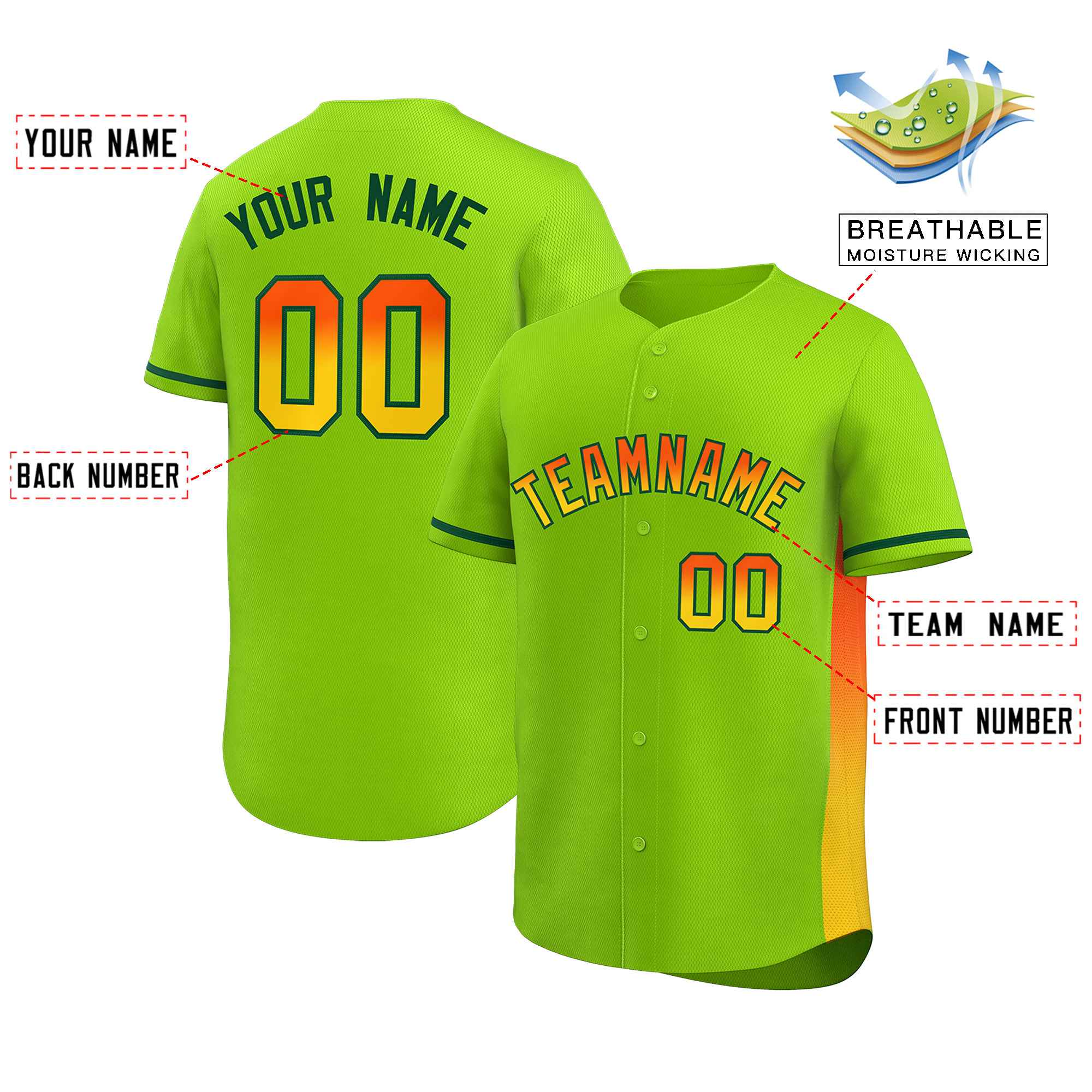 Custom Neon Green Orange-Gold Personalized Gradient Font And Side Design Authentic Baseball Jersey