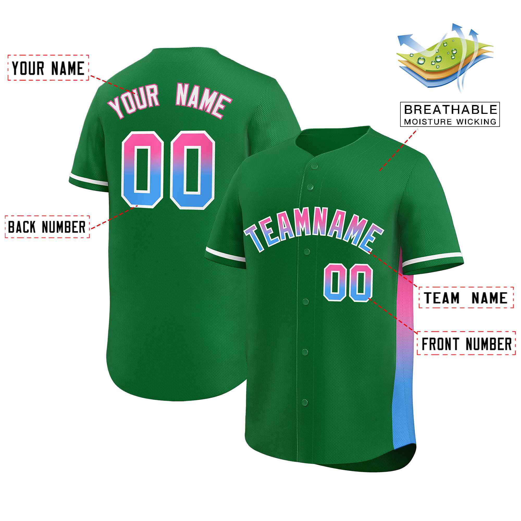 Custom Kelly Green Pink-Powder Blue Personalized Gradient Font And Side Design Authentic Baseball Jersey