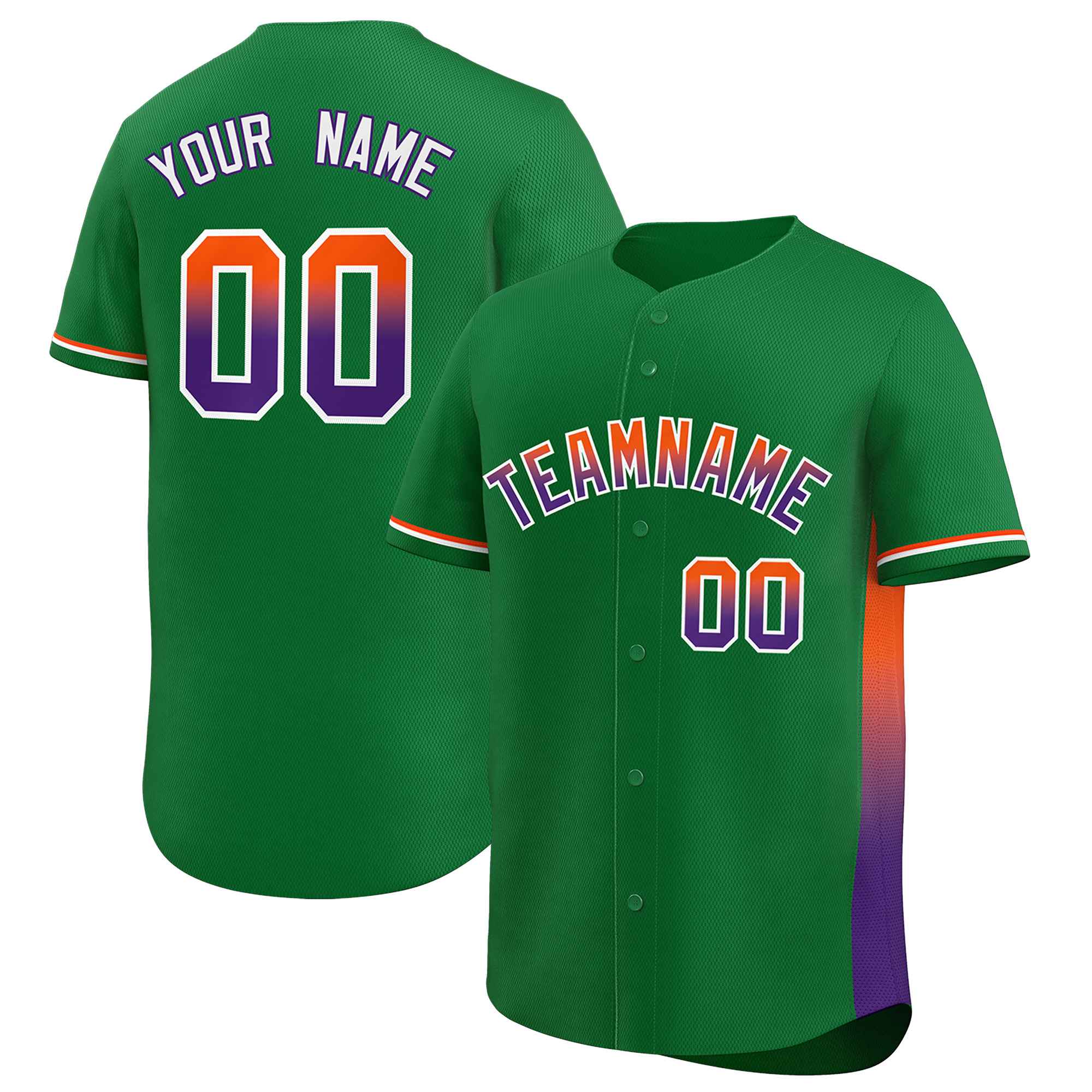 Custom Kelly Green Orange-Purple Personalized Gradient Font And Side Design Authentic Baseball Jersey