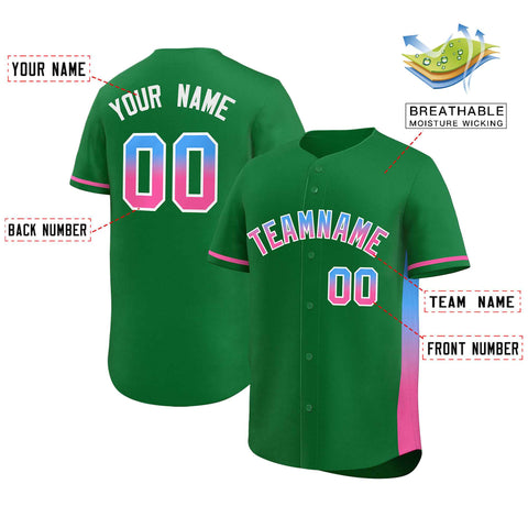Custom Kelly Green Powder Blue-Pink Personalized Gradient Font And Side Design Authentic Baseball Jersey