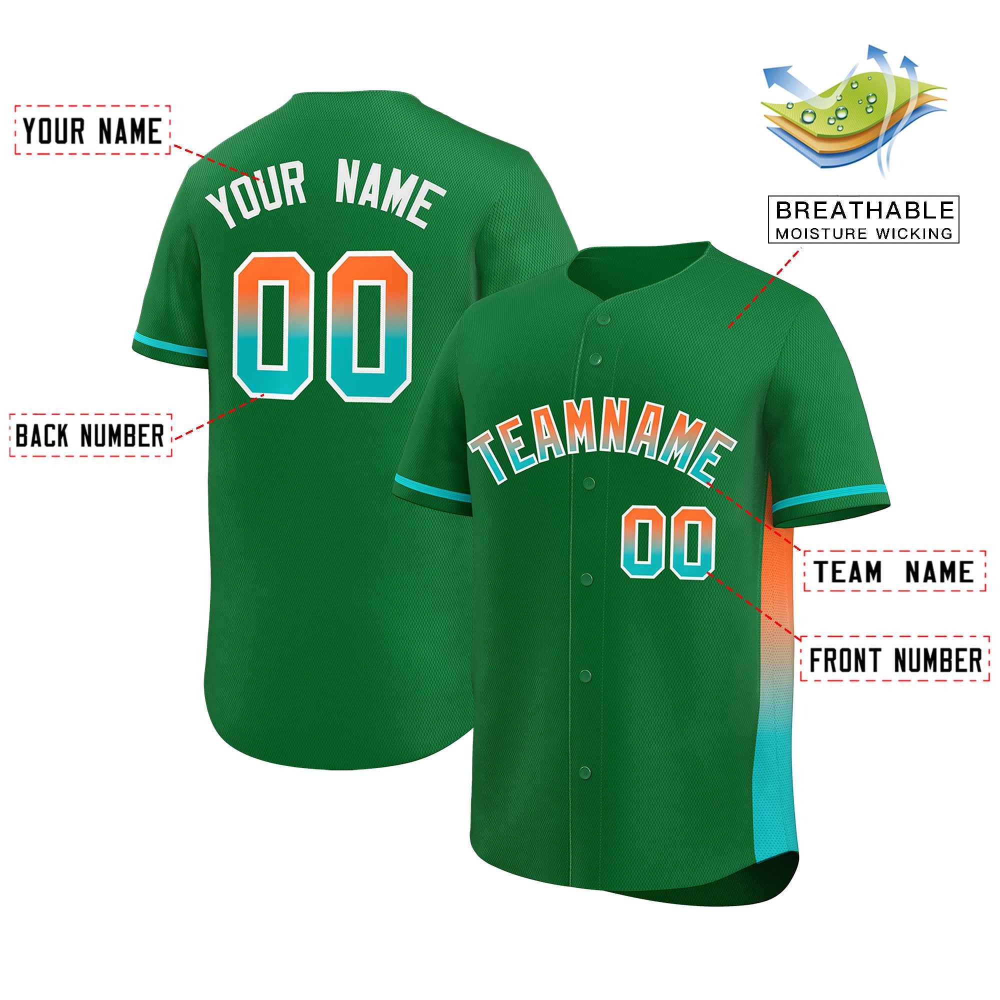 Custom Kelly Green Orange-Aqua Personalized Gradient Font And Side Design Authentic Baseball Jersey