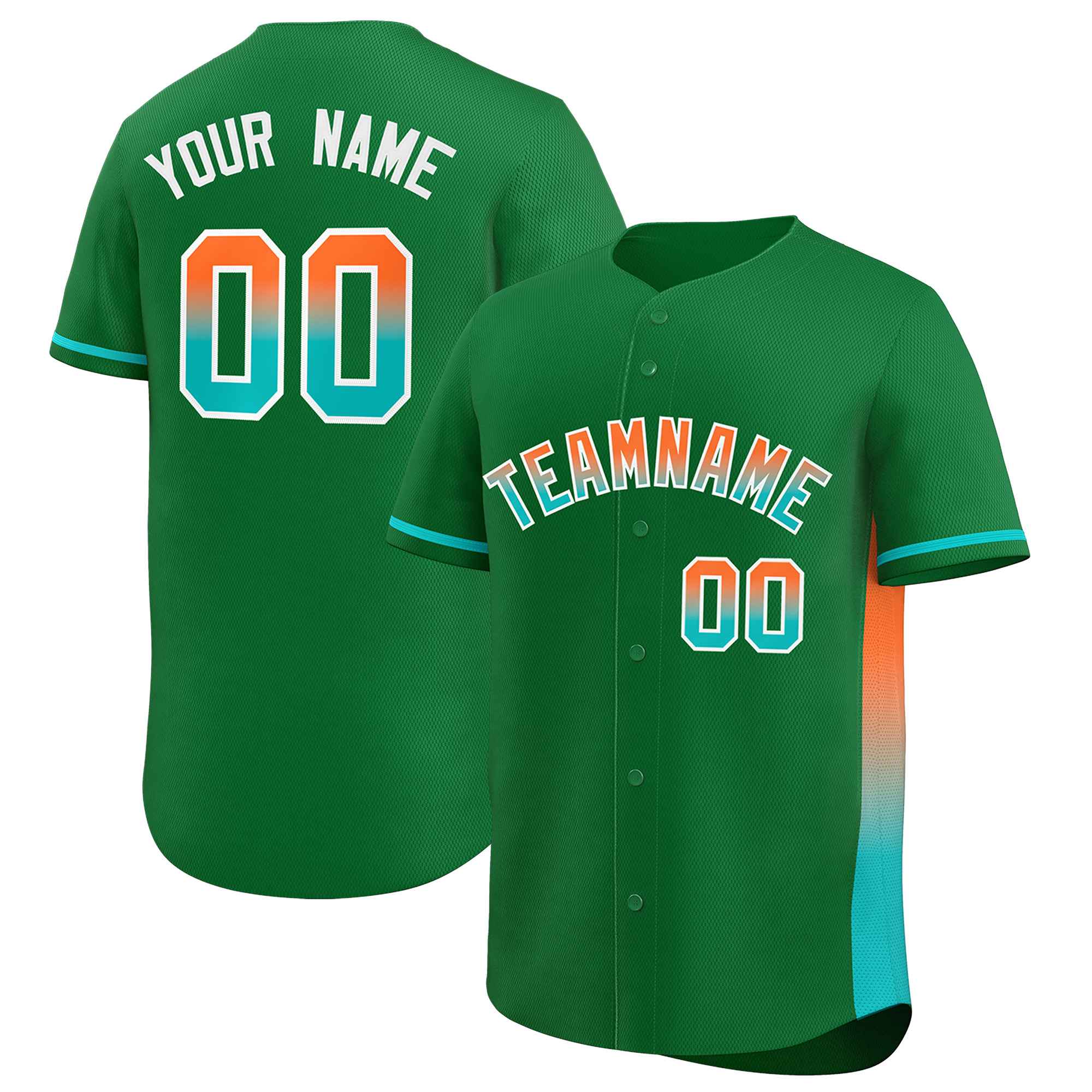 Custom Kelly Green Orange-Aqua Personalized Gradient Font And Side Design Authentic Baseball Jersey