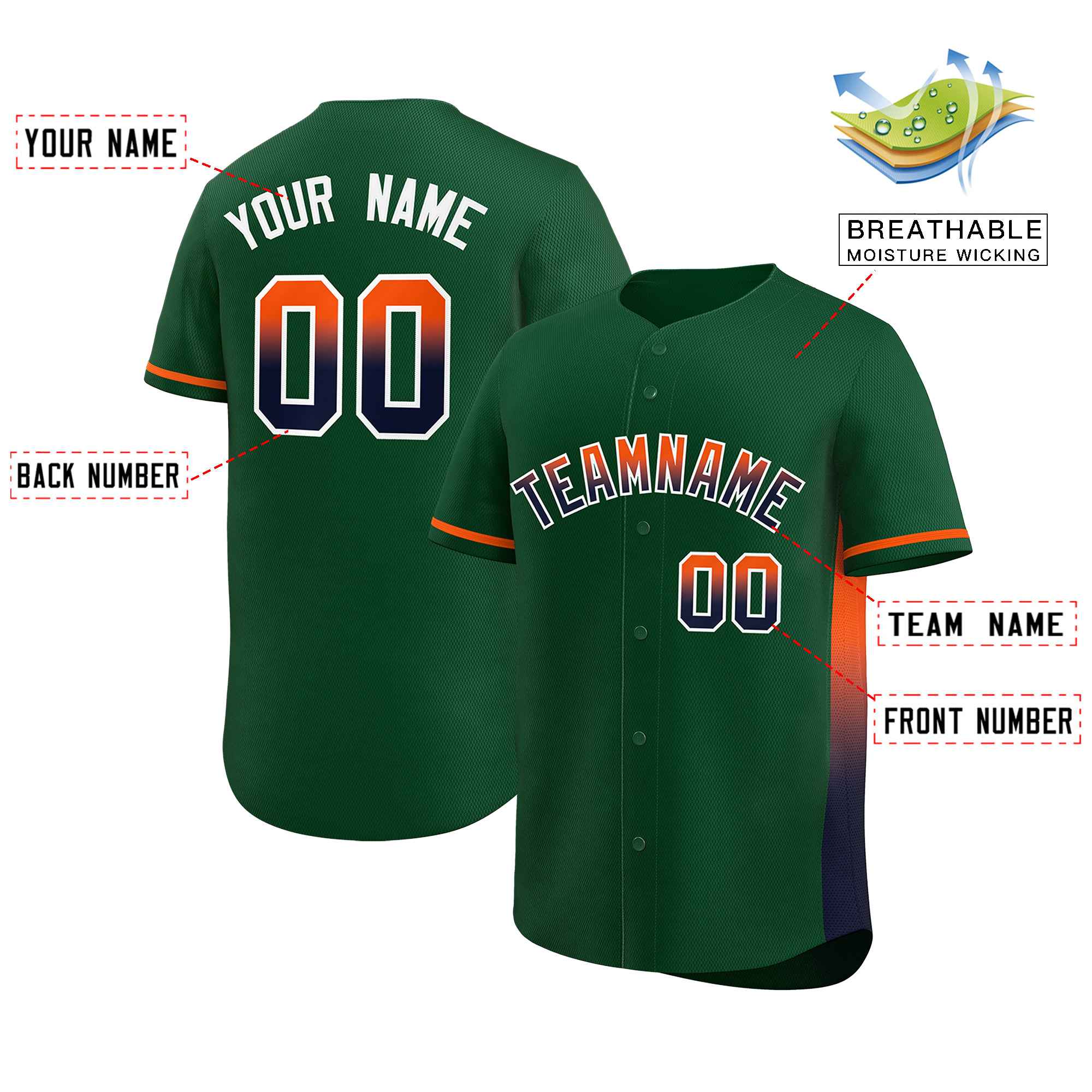 Custom Green Orange-Navy Personalized Gradient Font And Side Design Authentic Baseball Jersey