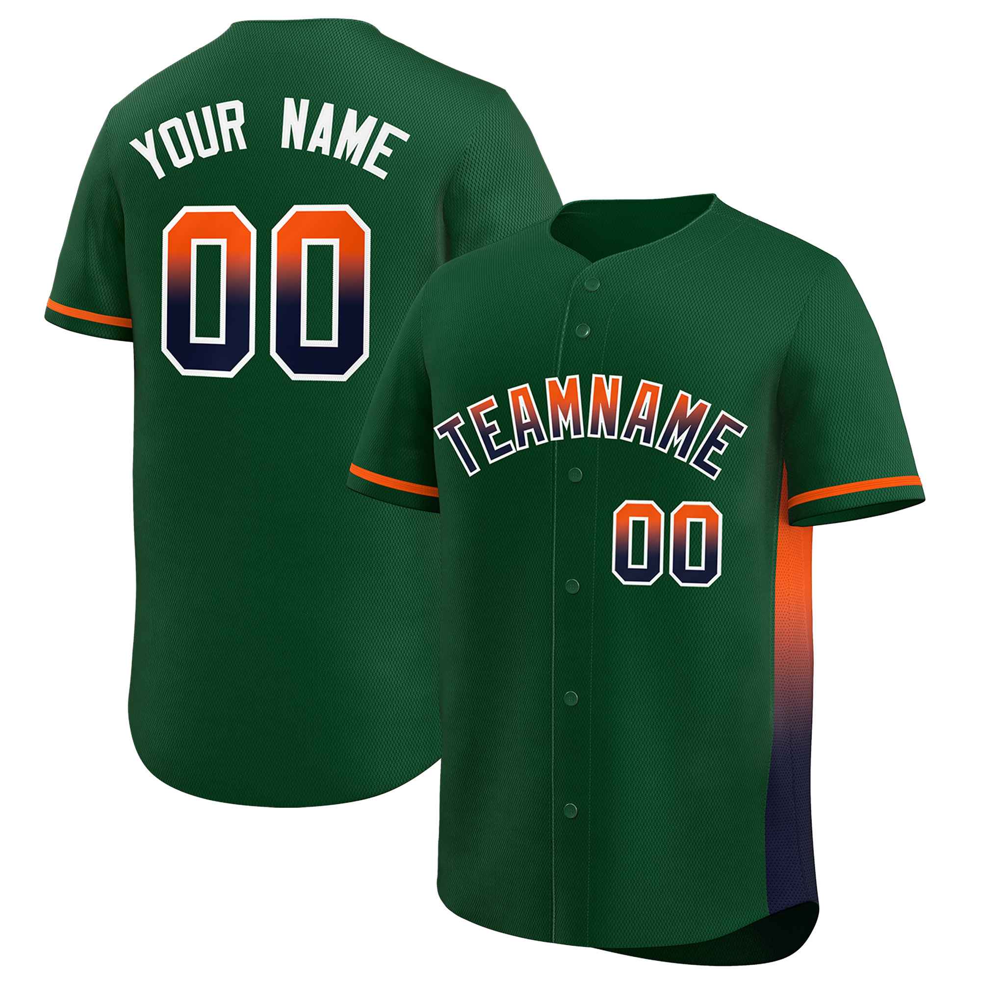 Custom Green Orange-Navy Personalized Gradient Font And Side Design Authentic Baseball Jersey