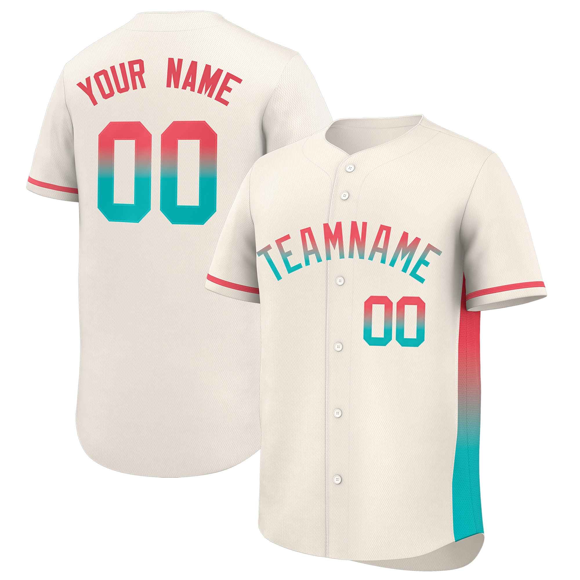 Custom Cream Lt Red-Aqua Personalized Gradient Font And Side Design Authentic Baseball Jersey