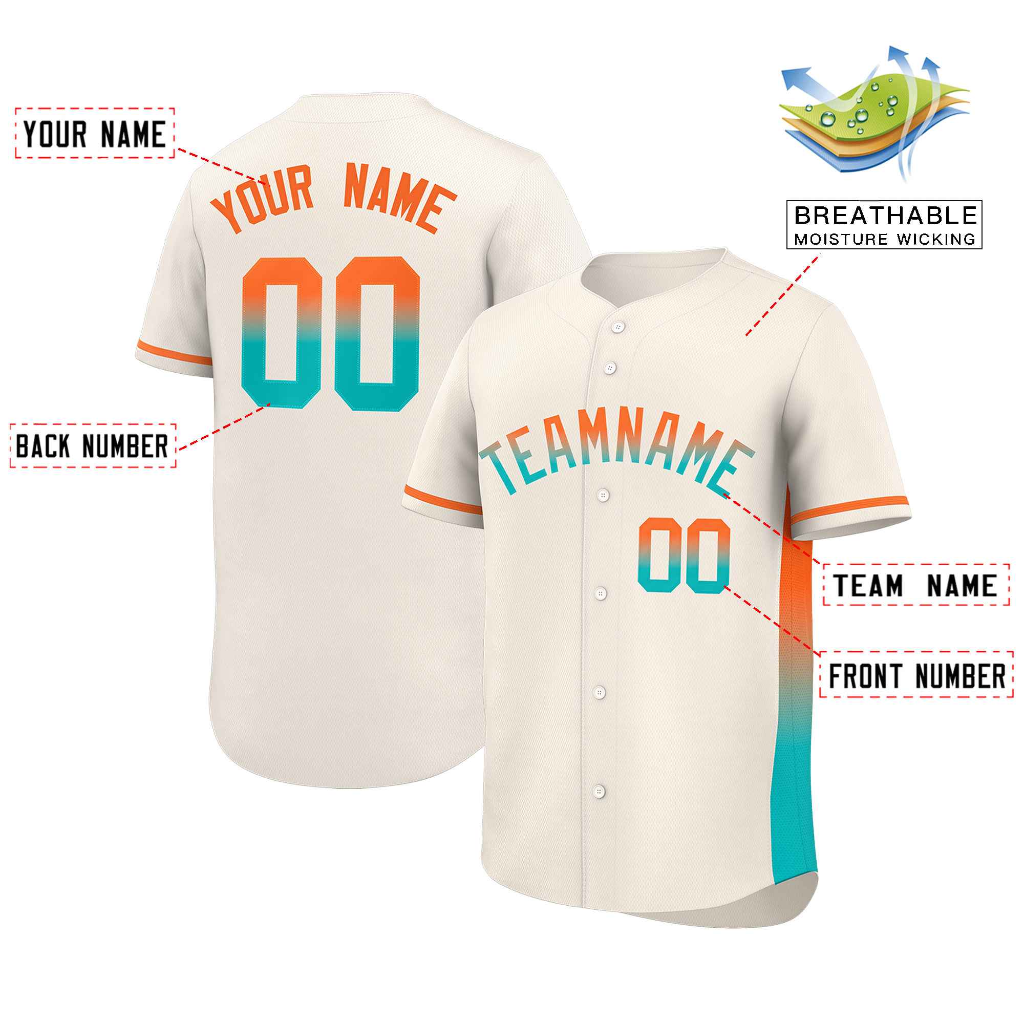 Custom Cream Orange-Aqua Personalized Gradient Font And Side Design Authentic Baseball Jersey