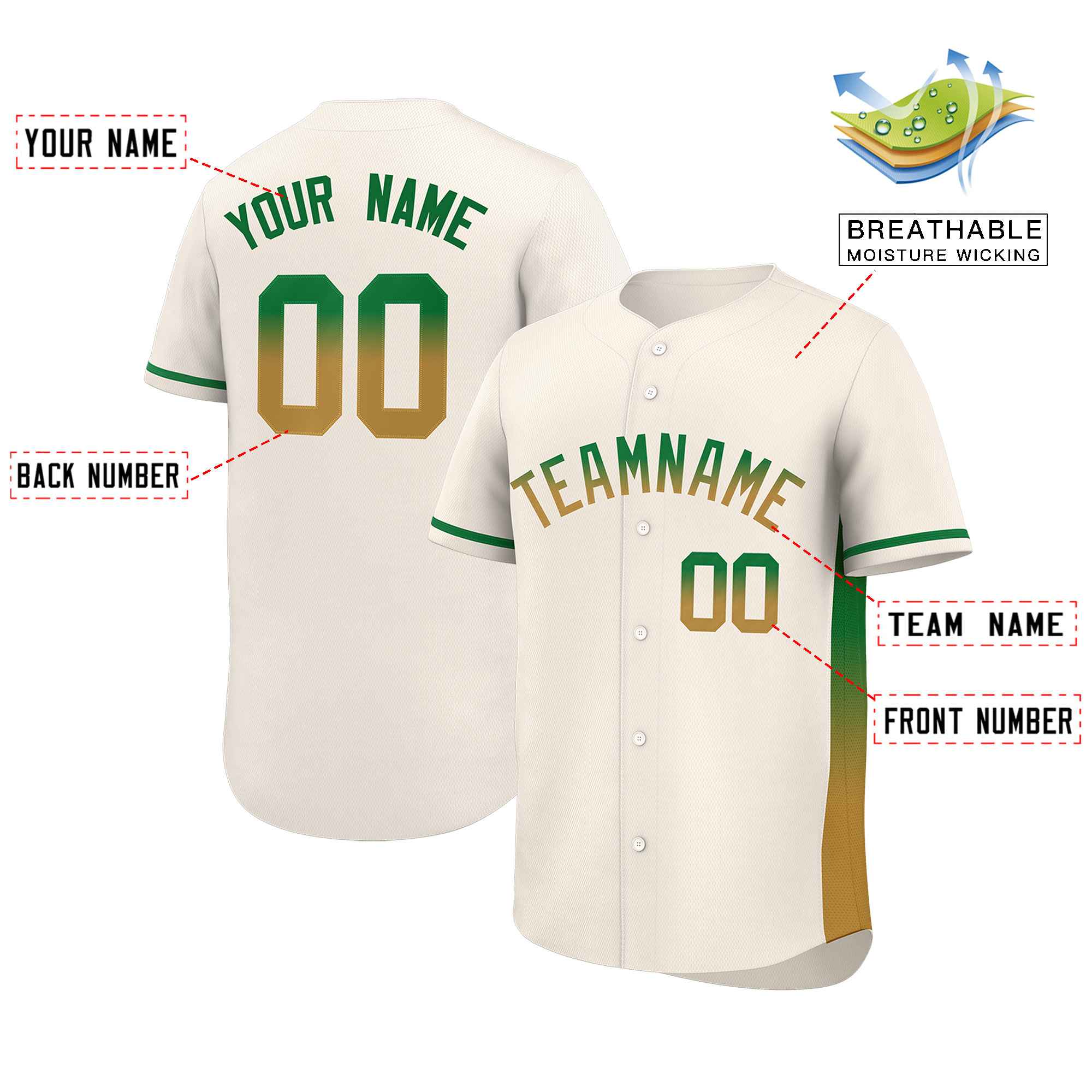 Custom Cream Kelly Green-Old Gold Personalized Gradient Font And Side Design Authentic Baseball Jersey