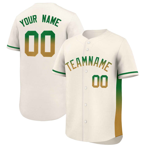 Custom Cream Kelly Green-Old Gold Personalized Gradient Font And Side Design Authentic Baseball Jersey