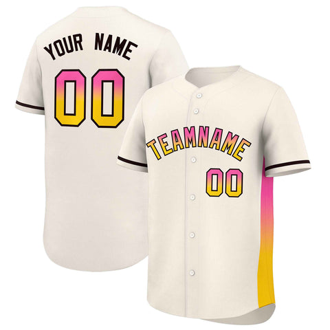 Custom Cream Pink-Gold Personalized Gradient Font And Side Design Authentic Baseball Jersey