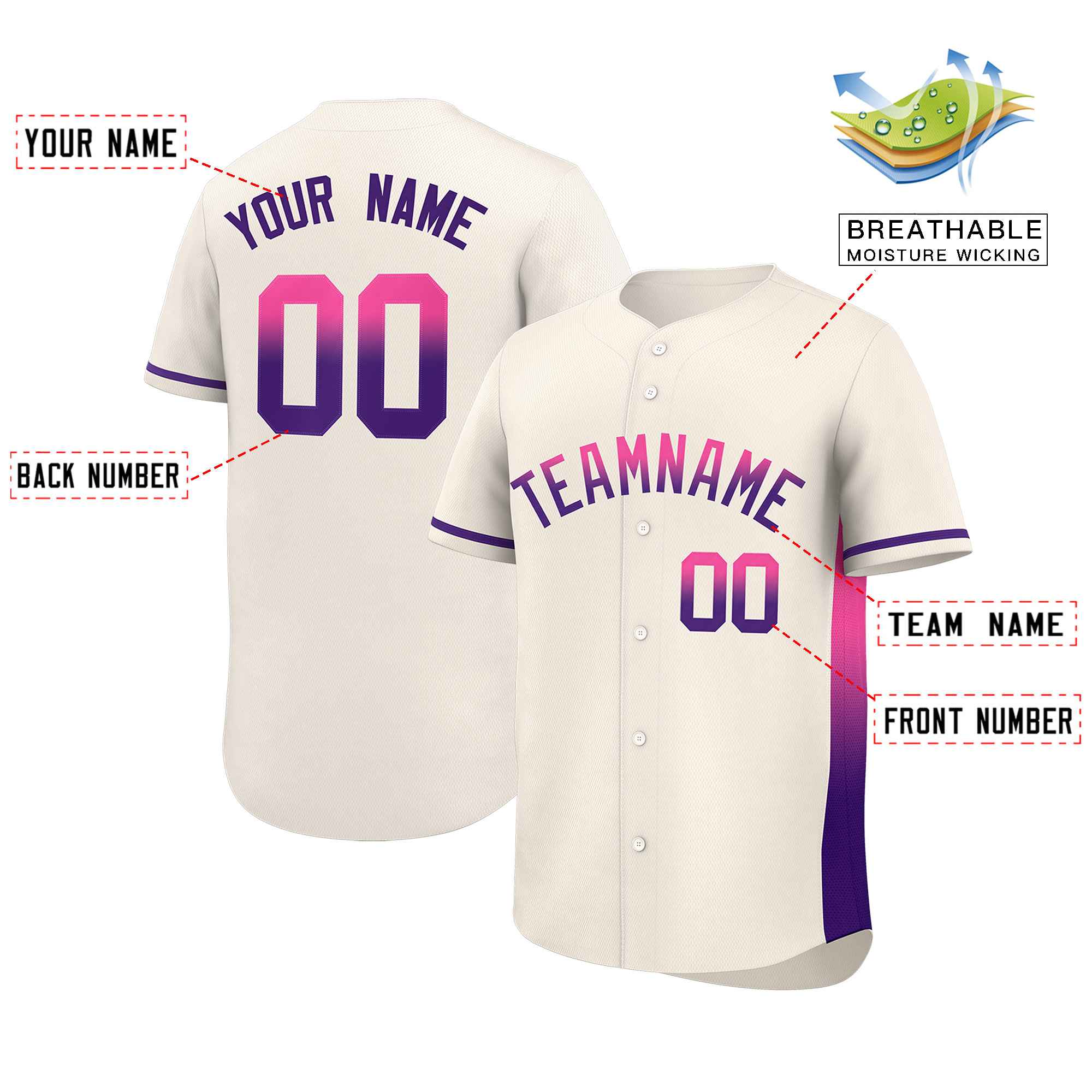 Custom Cream Pink-Purple Personalized Gradient Font And Side Design Authentic Baseball Jersey