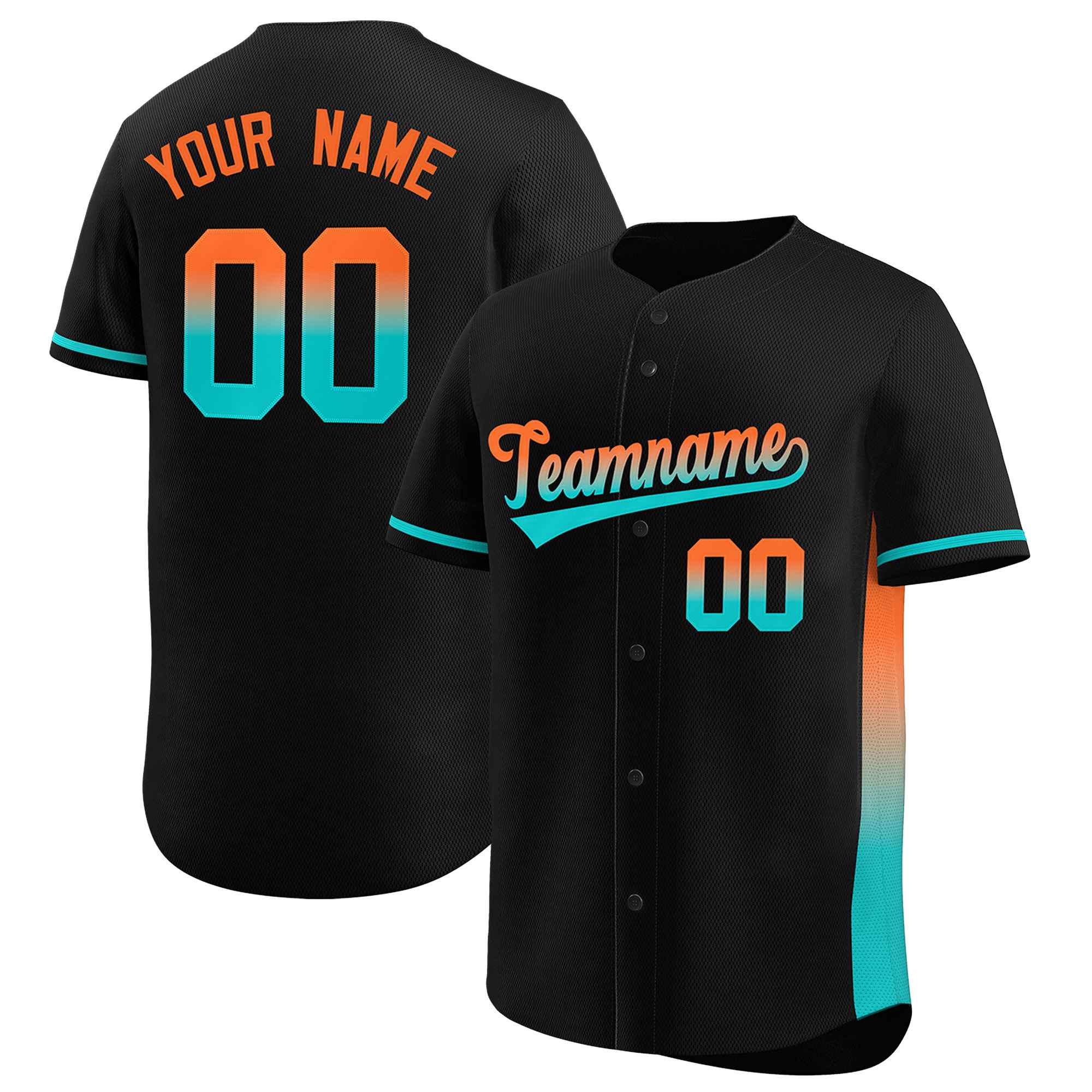 Custom Black Orange-Aqua Personalized Gradient Font And Side Design Authentic Baseball Jersey