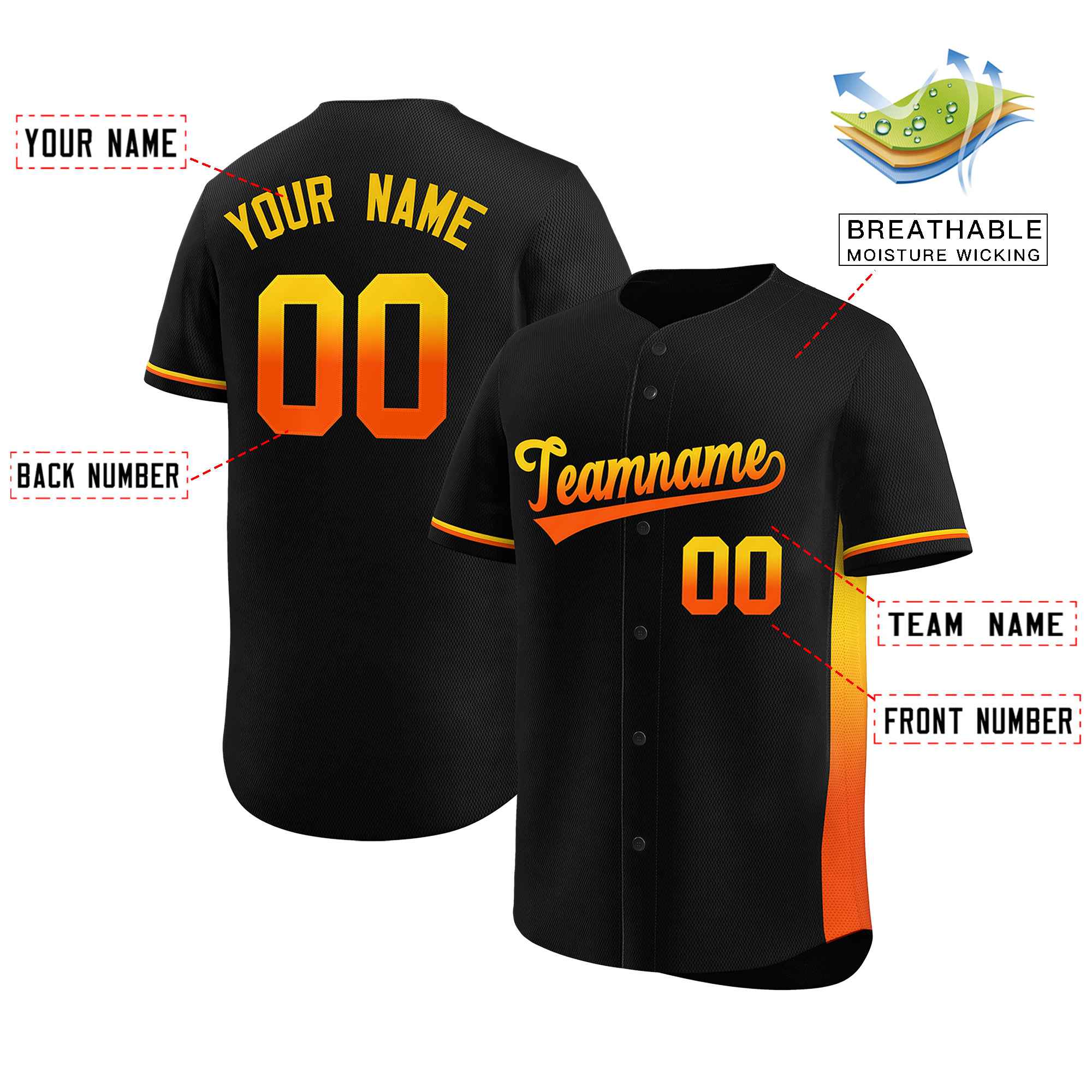 Custom Black Gold-Orange Personalized Gradient Font And Side Design Authentic Baseball Jersey