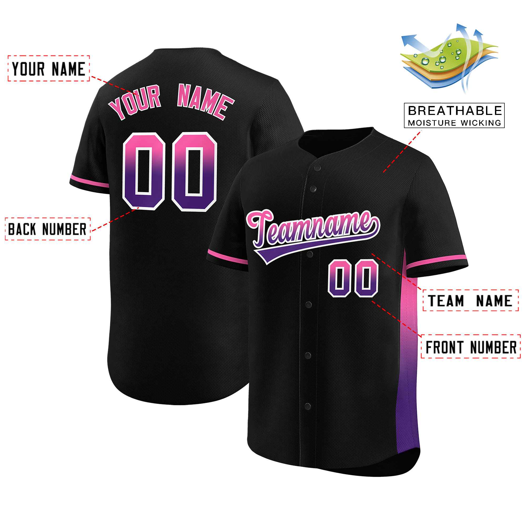 Custom Black Pink-Purple Personalized Gradient Font And Side Design Authentic Baseball Jersey