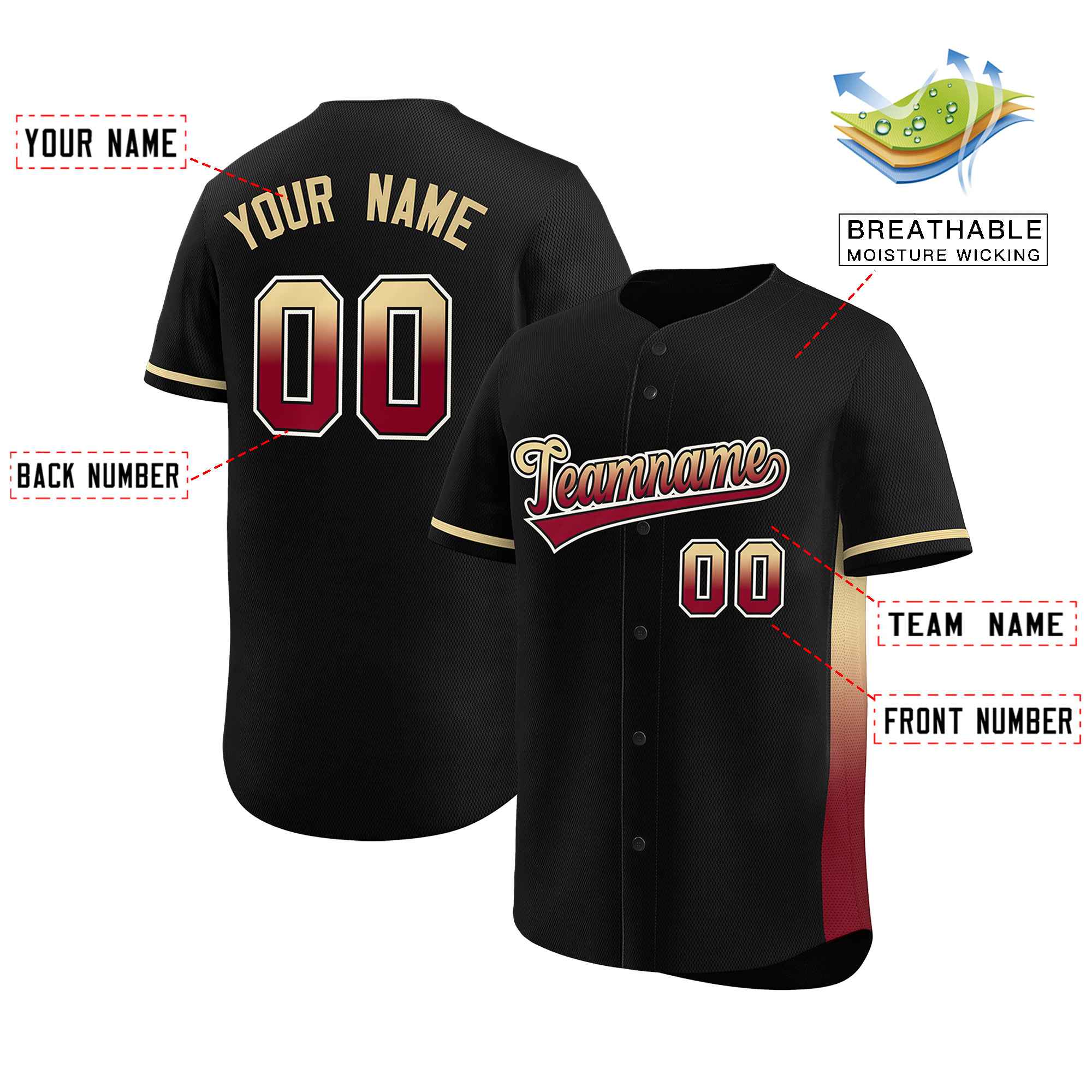 Custom Black Khaki-Crimson Personalized Gradient Font And Side Design Authentic Baseball Jersey