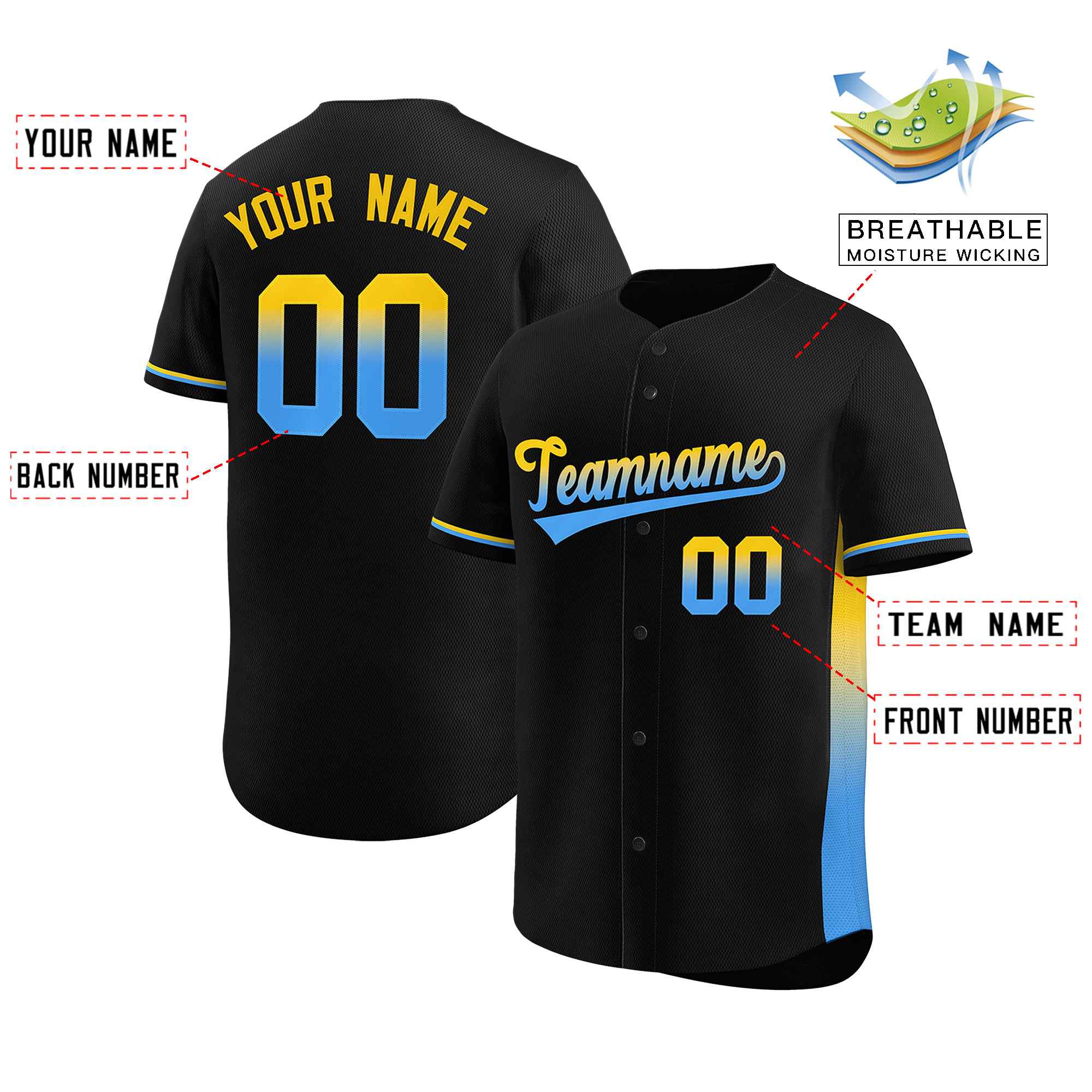 Custom Black Gold-Powder Blue Personalized Gradient Font And Side Design Authentic Baseball Jersey