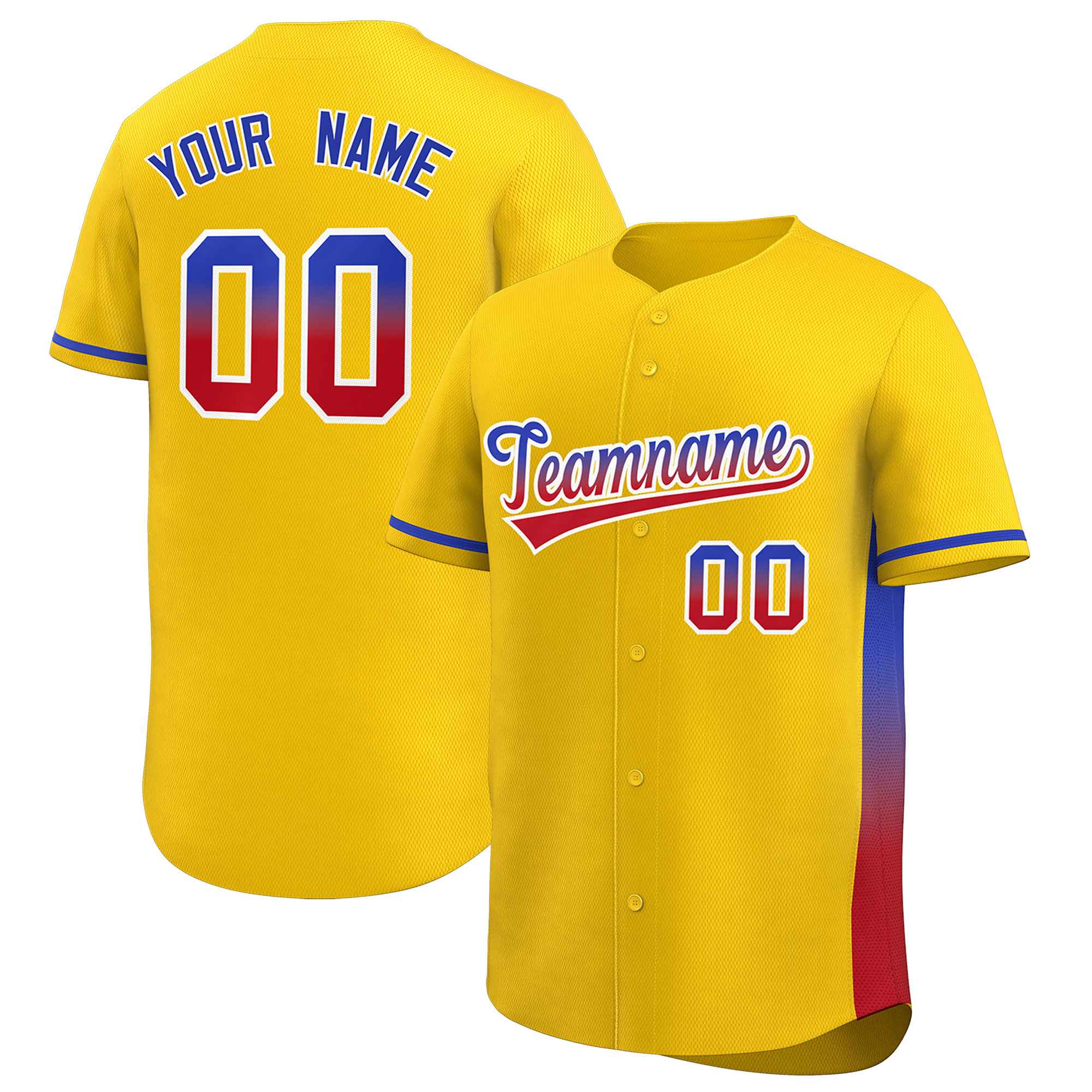 Custom Gold Royal-Red Personalized Gradient Font And Side Design Authentic Baseball Jersey