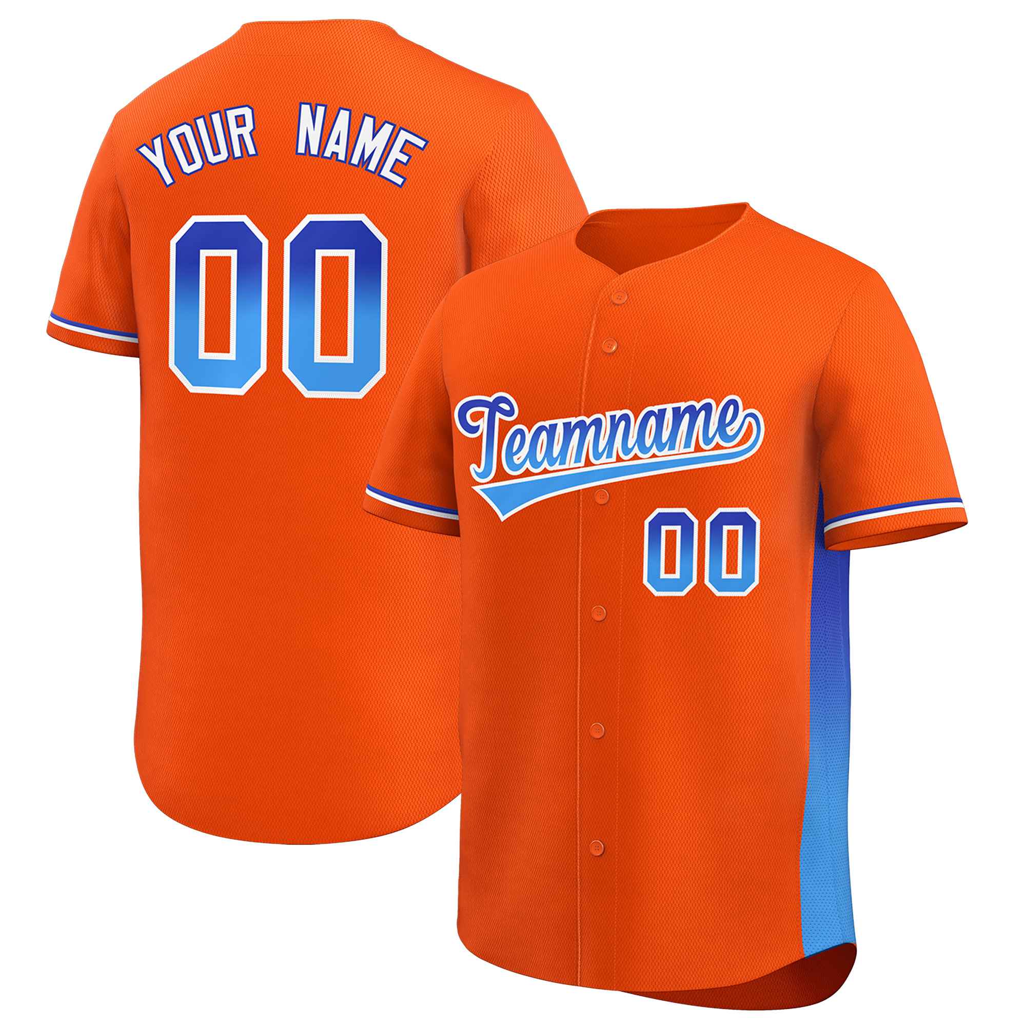 Custom Orange Royal-Powder Blue Personalized Gradient Font And Side Design Authentic Baseball Jersey