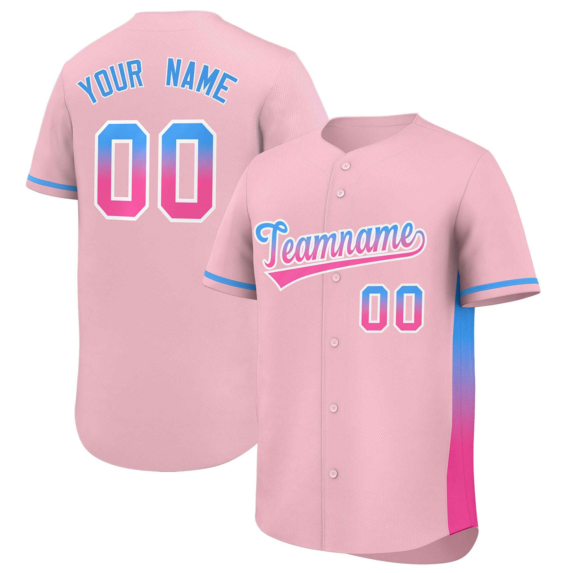 Custom Light Pink Powder Blue-Pink Personalized Gradient Font And Side Design Authentic Baseball Jersey