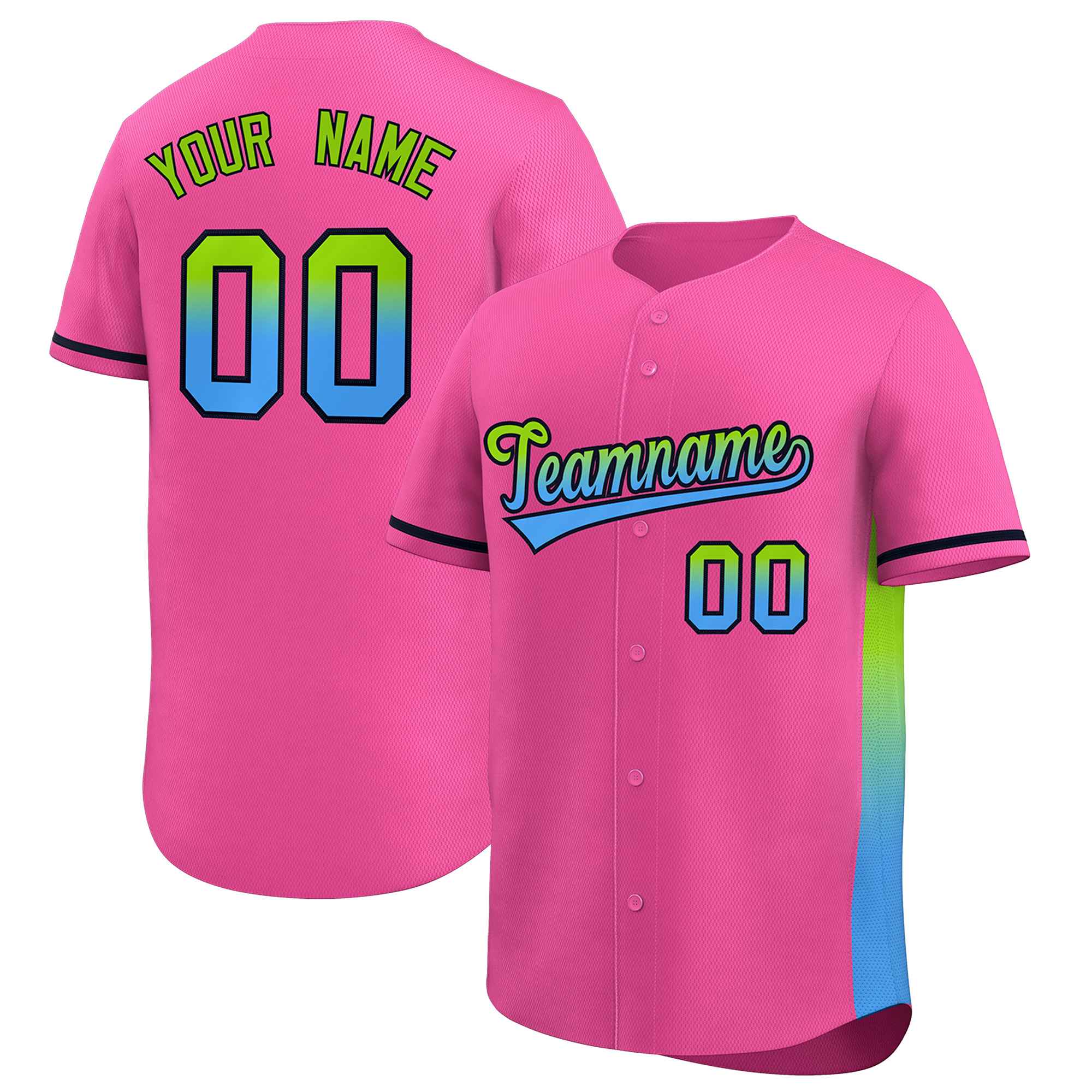 Custom Pink Neon Green-Powder Blue Personalized Gradient Font And Side Design Authentic Baseball Jersey