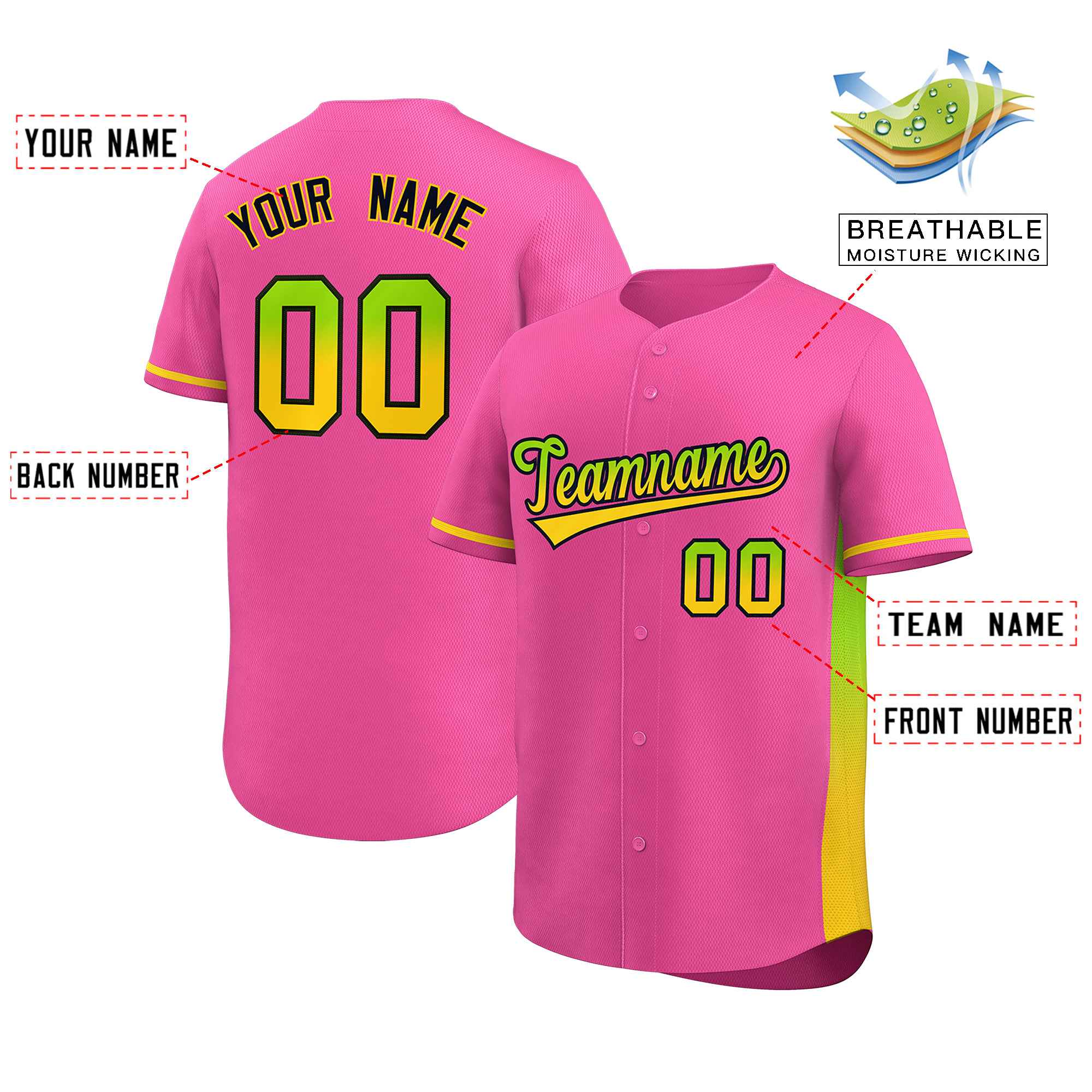 Custom Pink Neon Green-Gold Personalized Gradient Font And Side Design Authentic Baseball Jersey