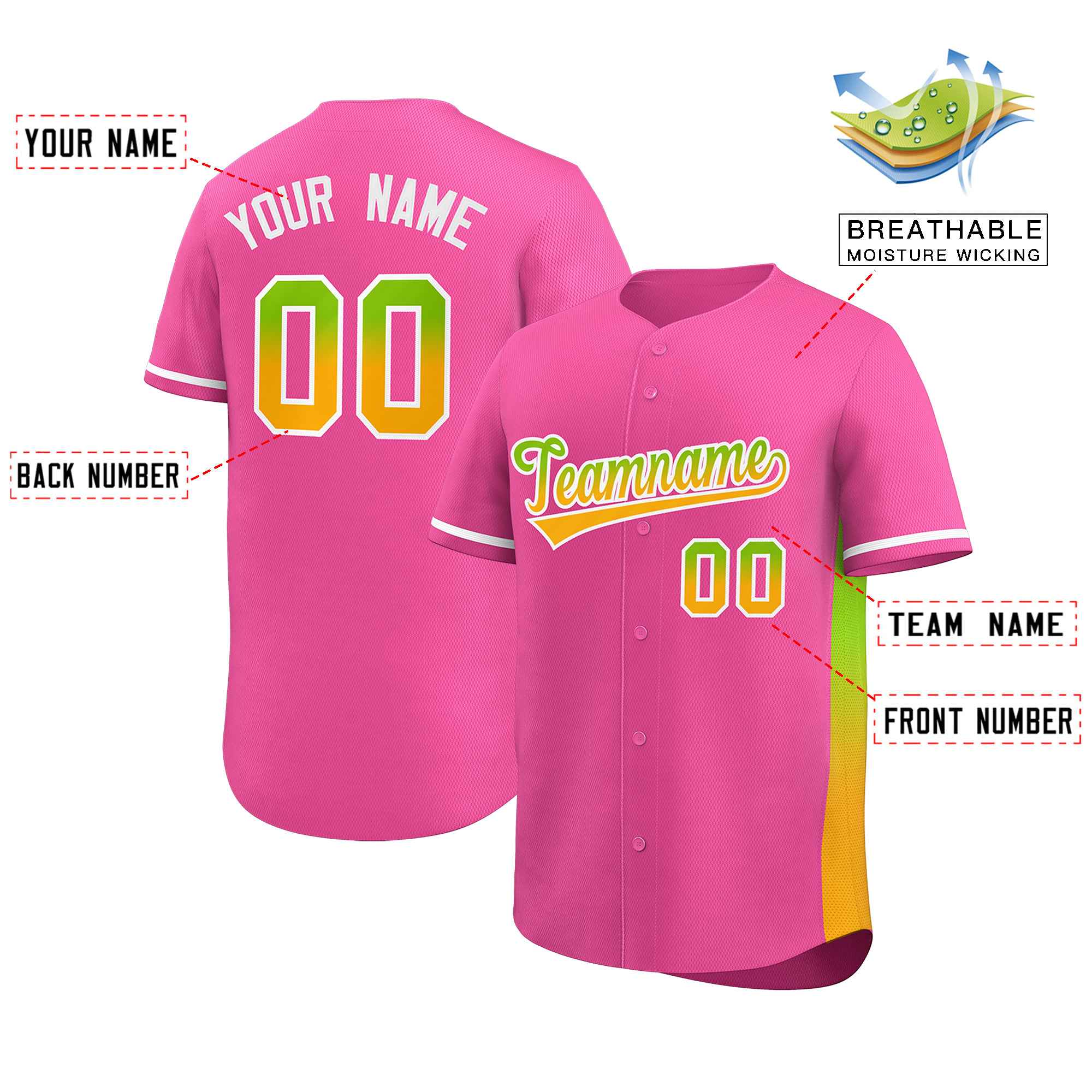 Custom Pink Neon Green-Gold Personalized Gradient Font And Side Design Authentic Baseball Jersey