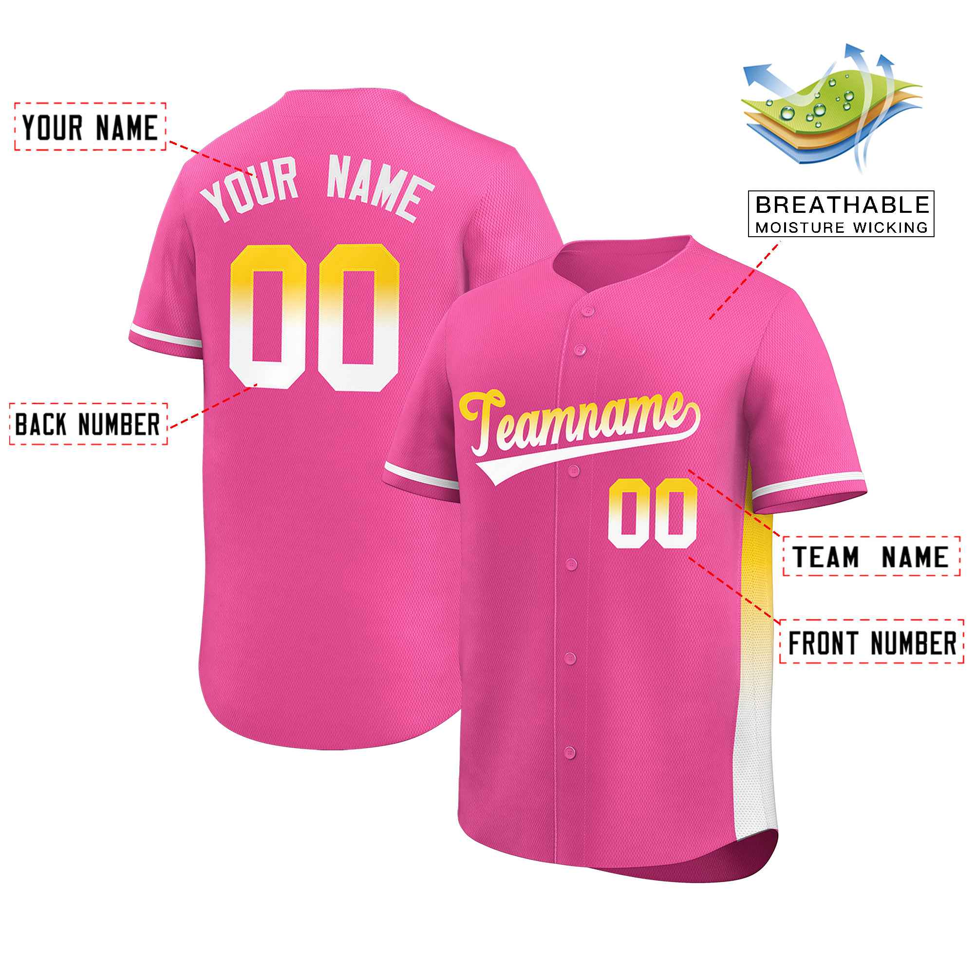 Custom Pink Gold-White Personalized Gradient Font And Side Design Authentic Baseball Jersey