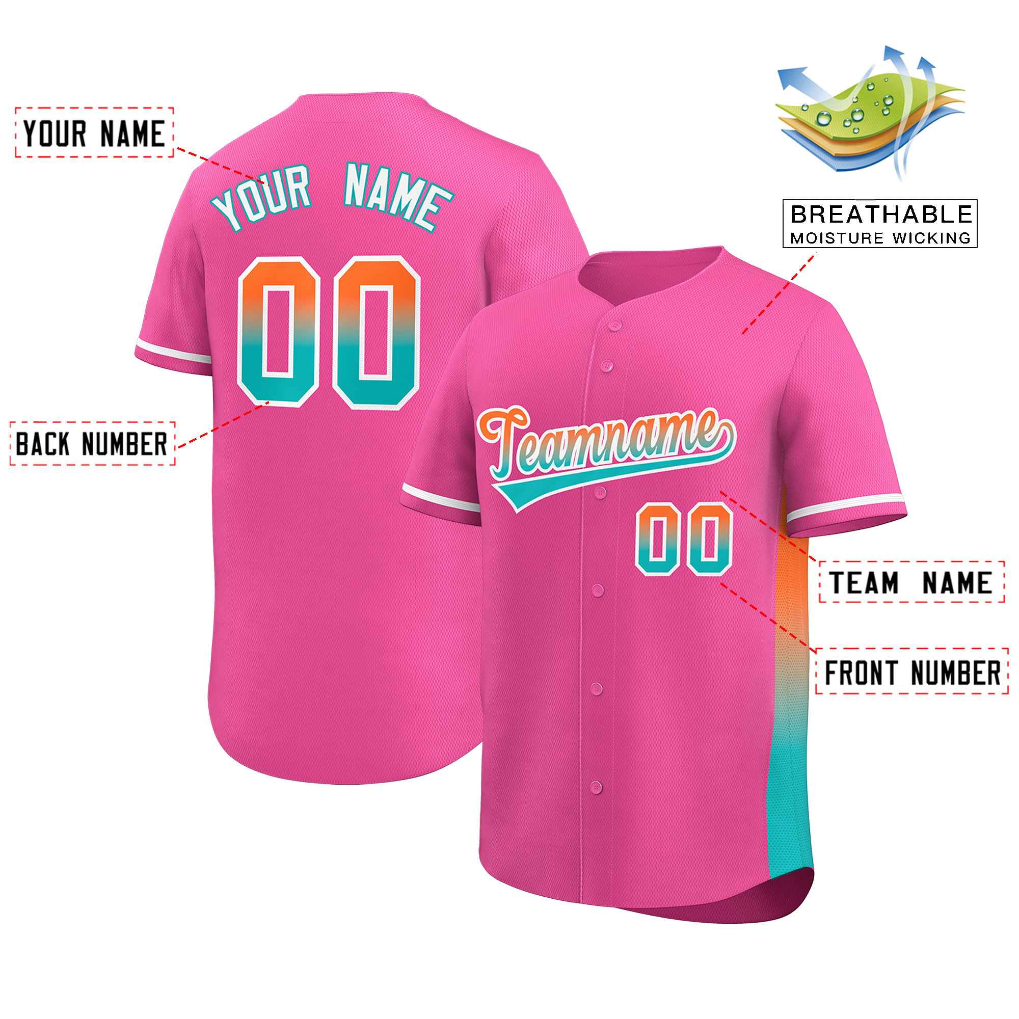 Custom Pink Orange-Aqua Personalized Gradient Font And Side Design Authentic Baseball Jersey