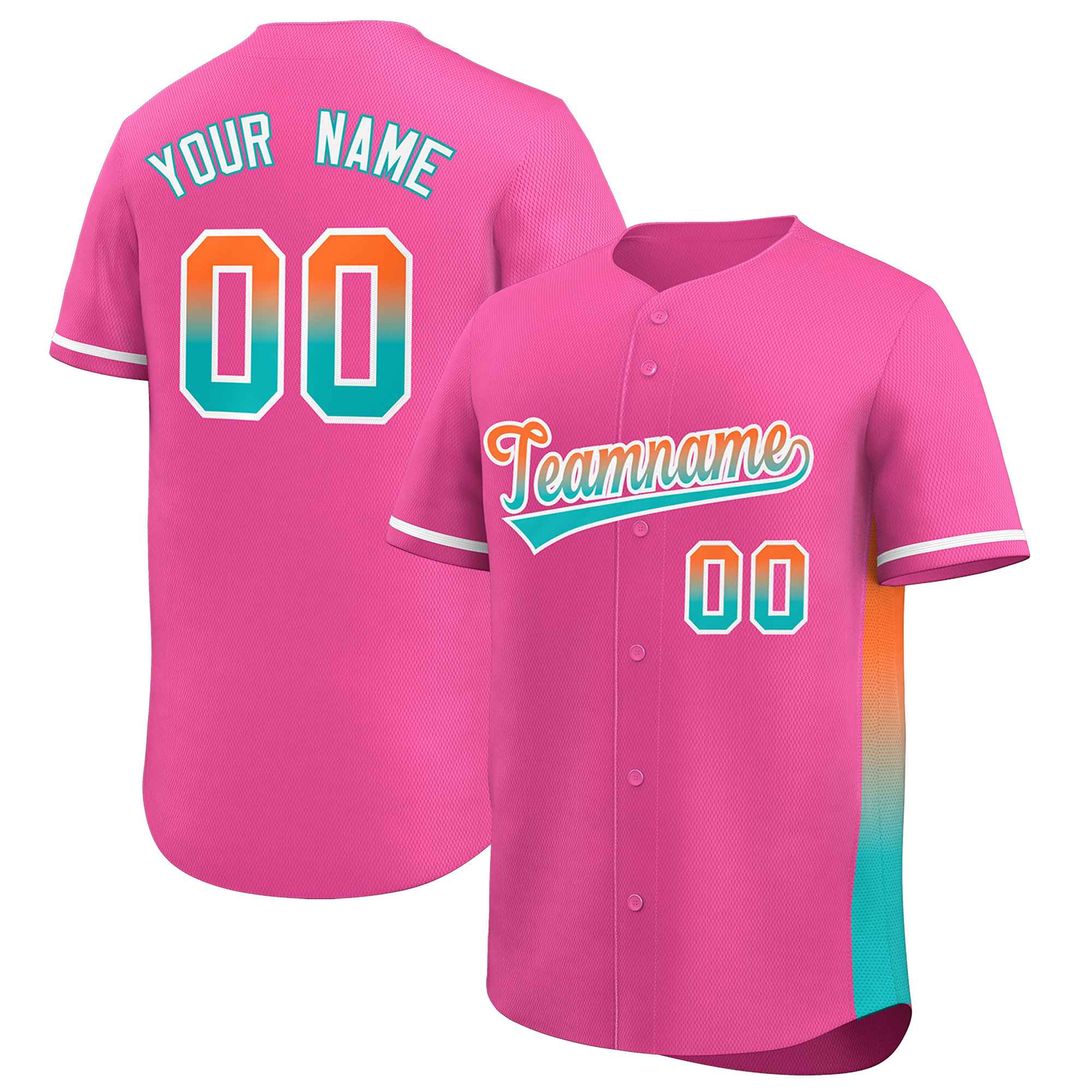 Custom Pink Orange-Aqua Personalized Gradient Font And Side Design Authentic Baseball Jersey