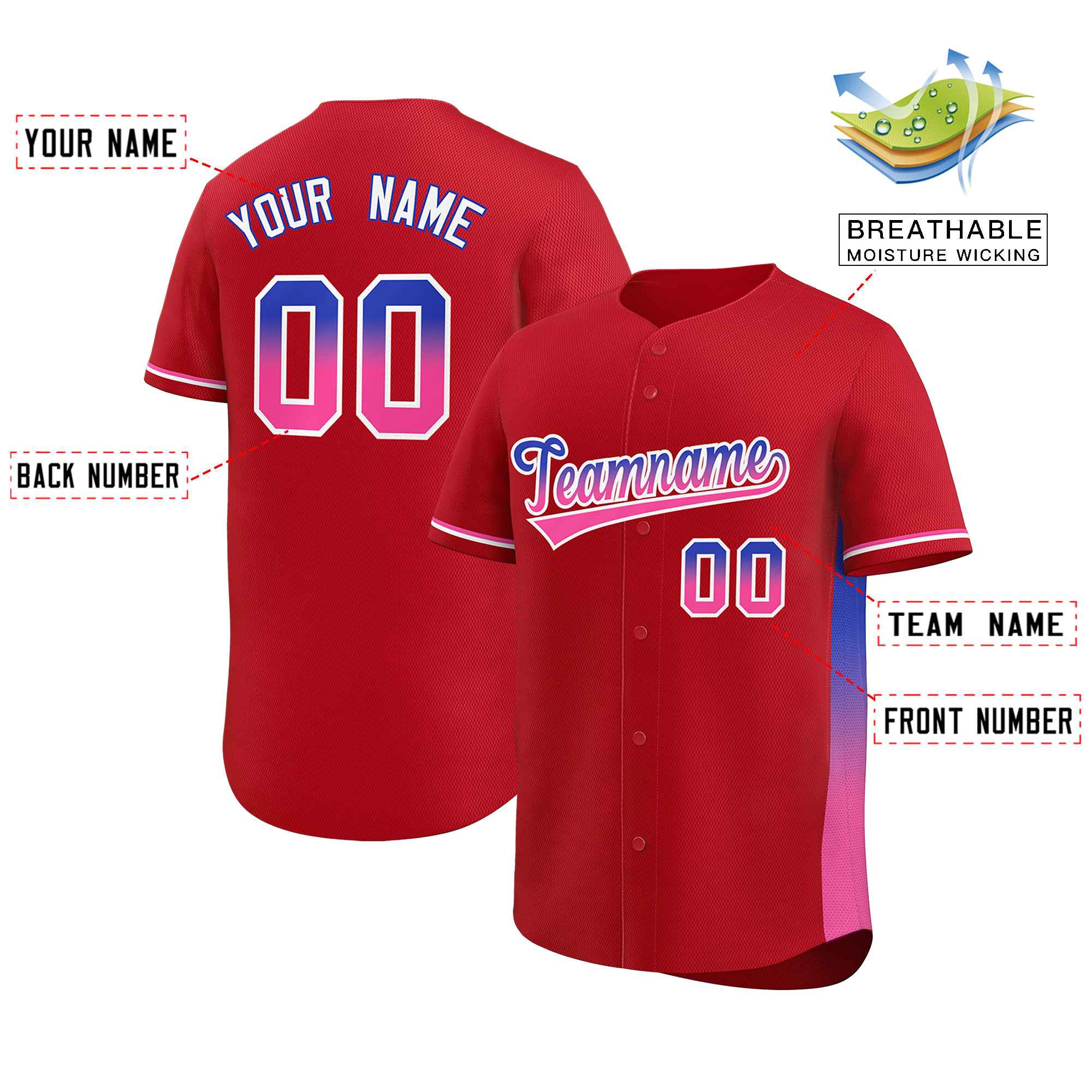 Custom Red Royal-Pink Personalized Gradient Font And Side Design Authentic Baseball Jersey