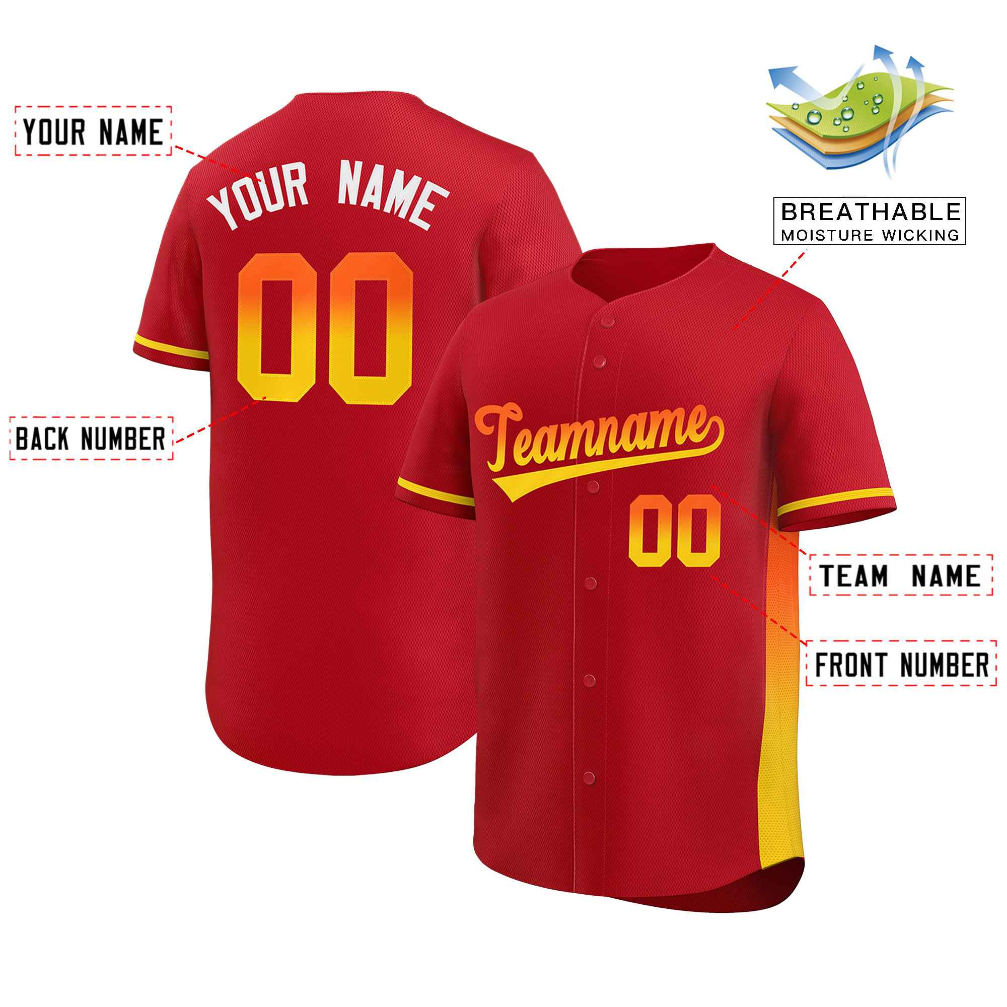 Custom Red Orange-Gold Personalized Gradient Font And Side Design Authentic Baseball Jersey