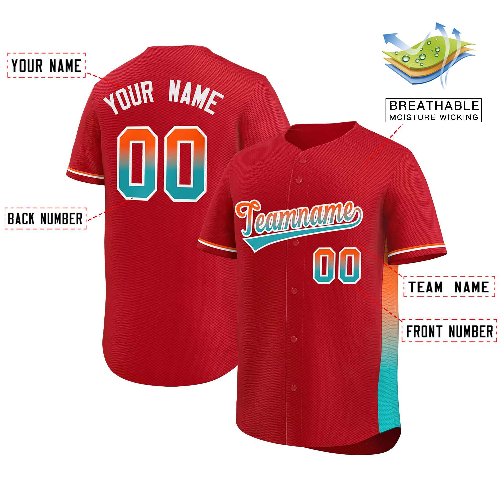 Custom Red Orange-Aqua Personalized Gradient Font And Side Design Authentic Baseball Jersey