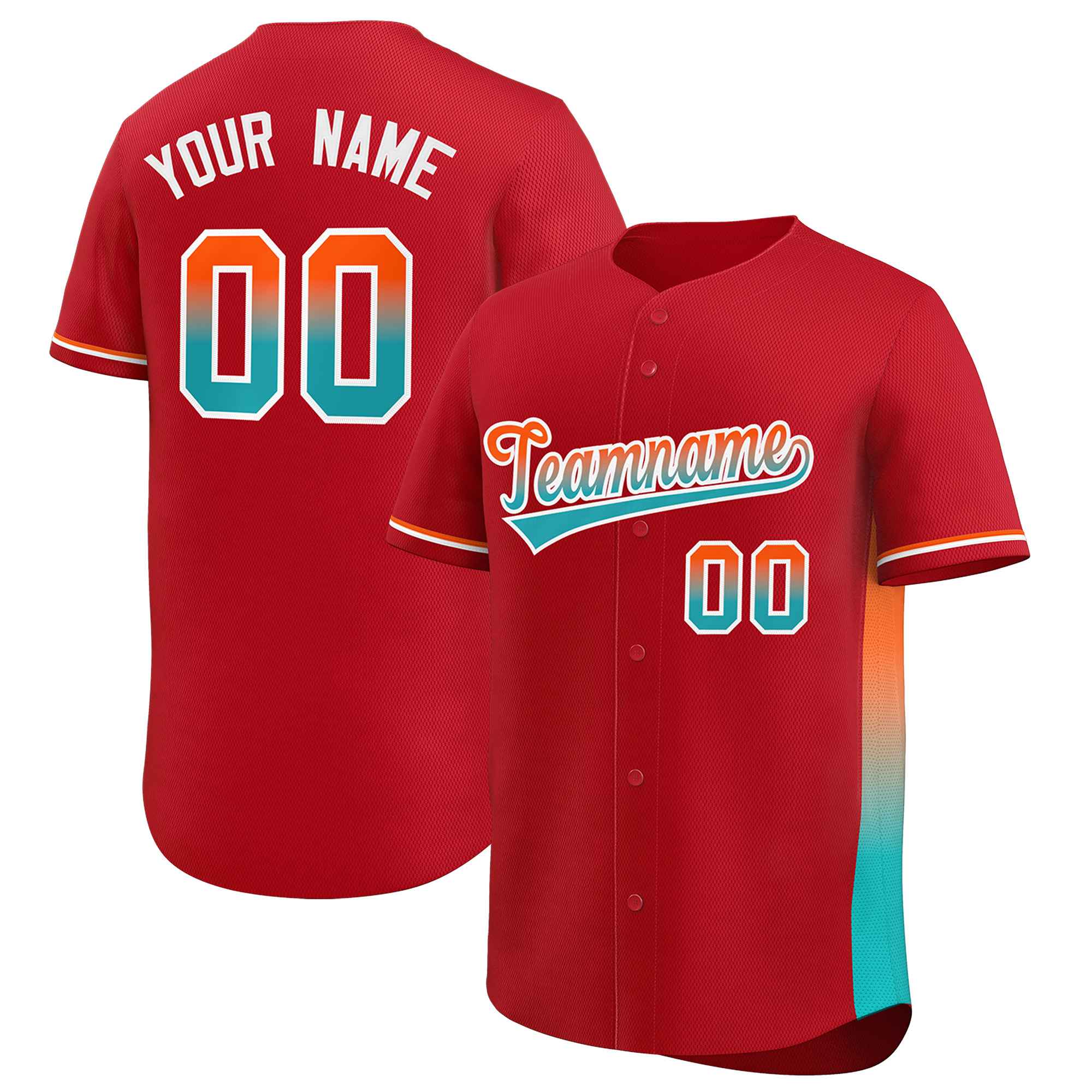 Custom Red Orange-Aqua Personalized Gradient Font And Side Design Authentic Baseball Jersey