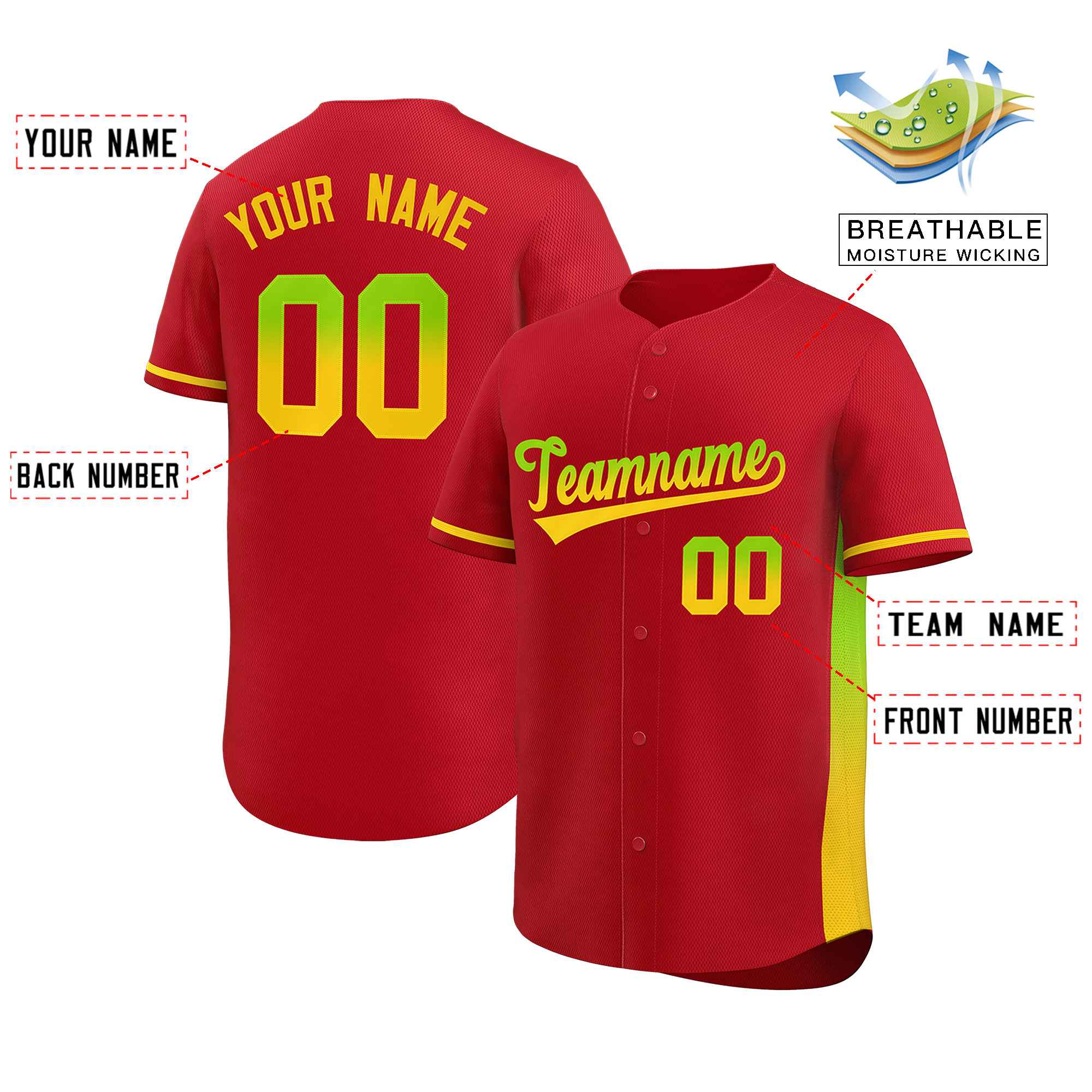 Custom Red Neon Green-Gold Personalized Gradient Font And Side Design Authentic Baseball Jersey