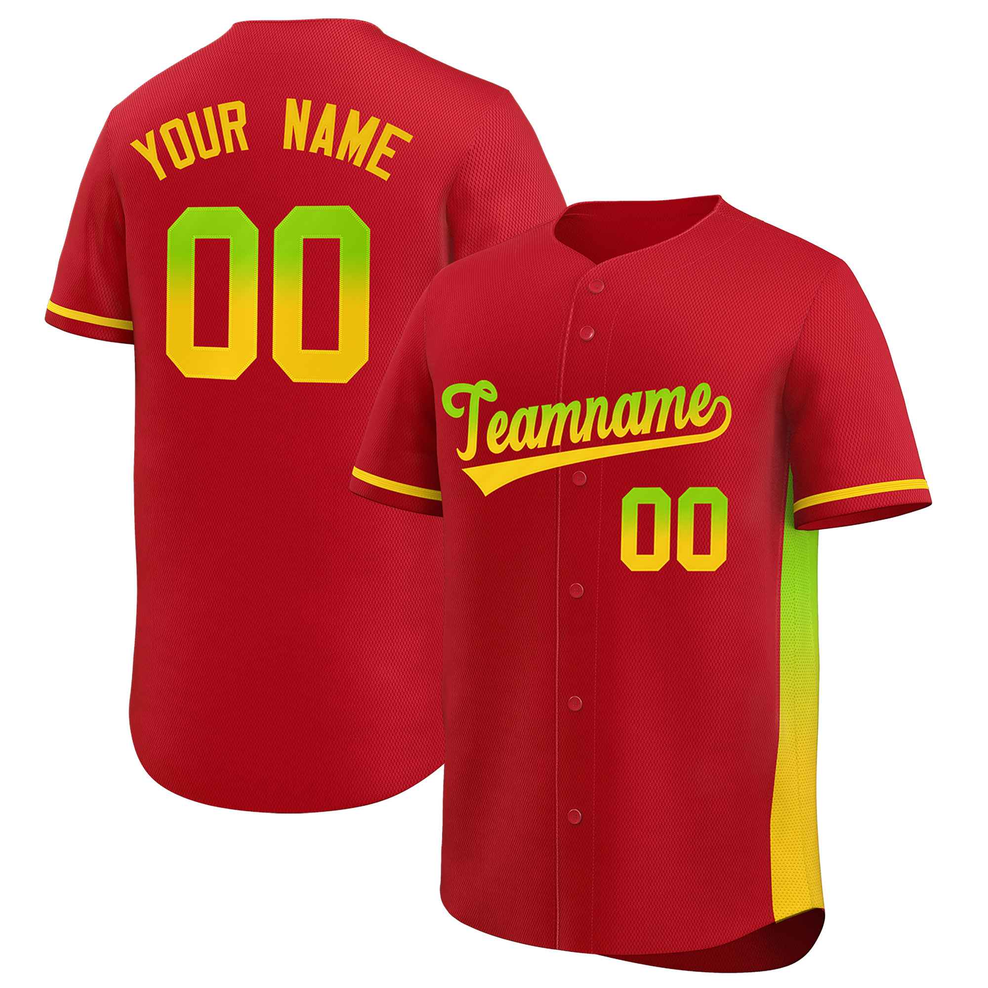 Custom Red Neon Green-Gold Personalized Gradient Font And Side Design Authentic Baseball Jersey