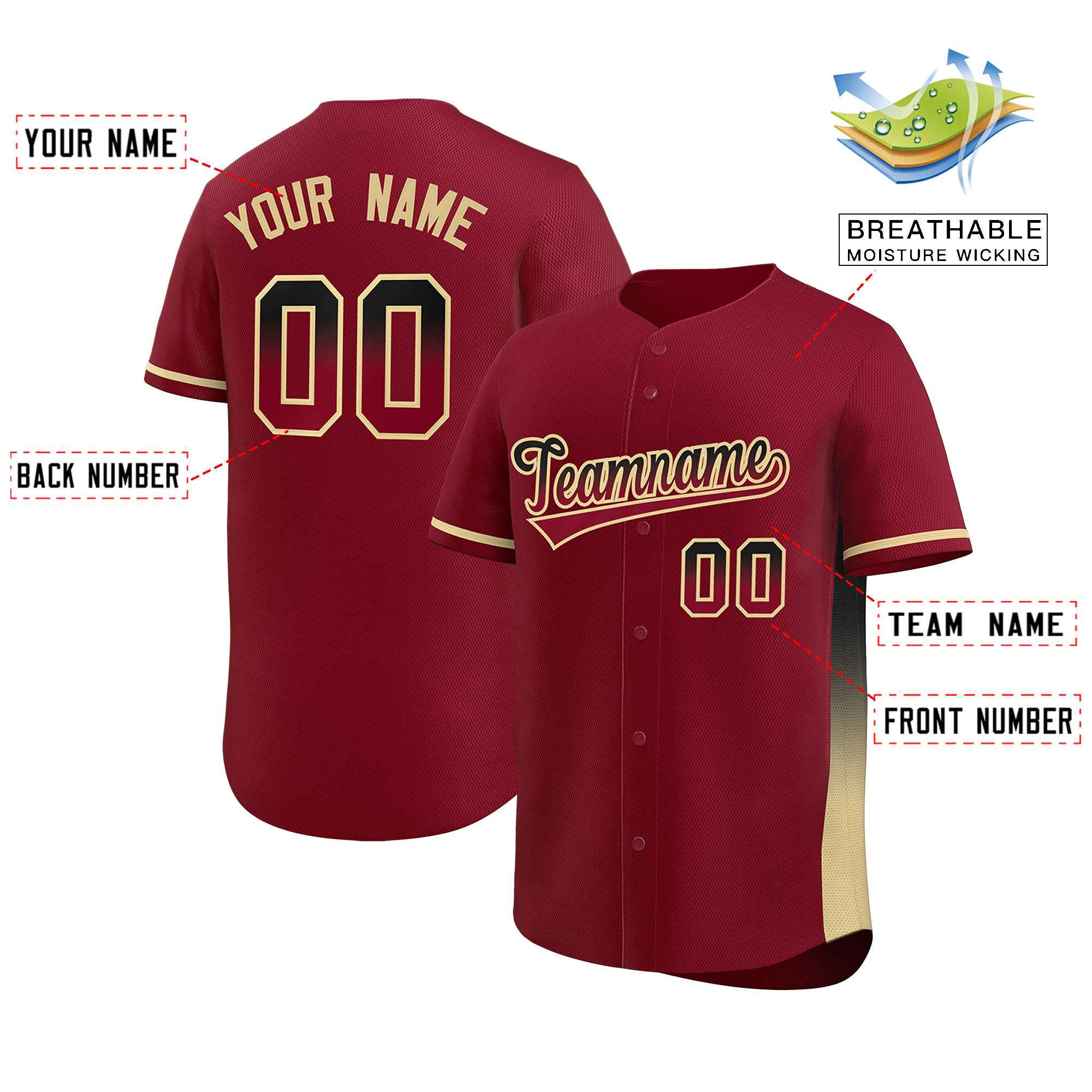 Custom Crimson Black-Khaki Personalized Gradient Font And Side Design Authentic Baseball Jersey