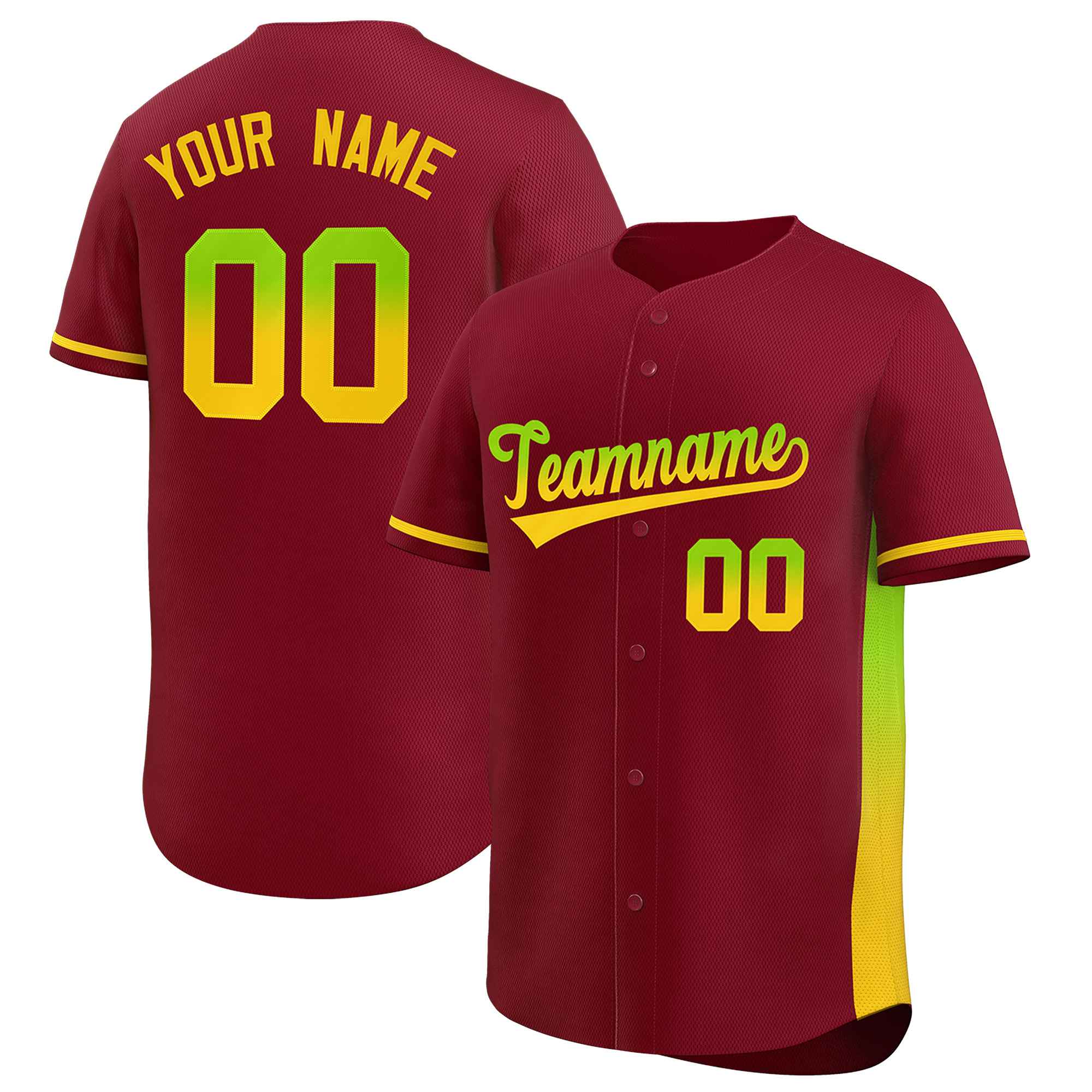 Custom Crimson Neon Green-Gold Personalized Gradient Font And Side Design Authentic Baseball Jersey