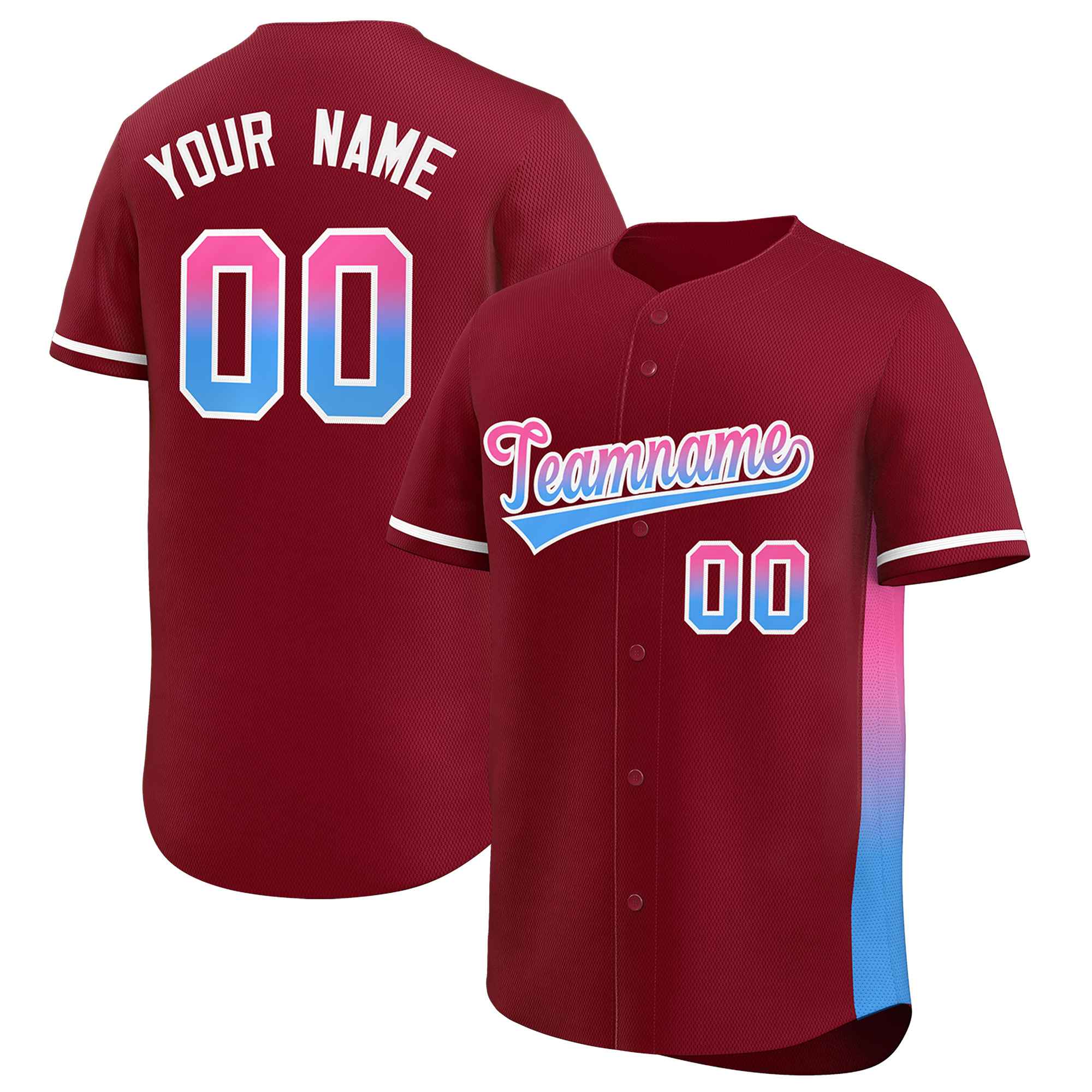 Custom Crimson Pink-Powder Blue Personalized Gradient Font And Side Design Authentic Baseball Jersey