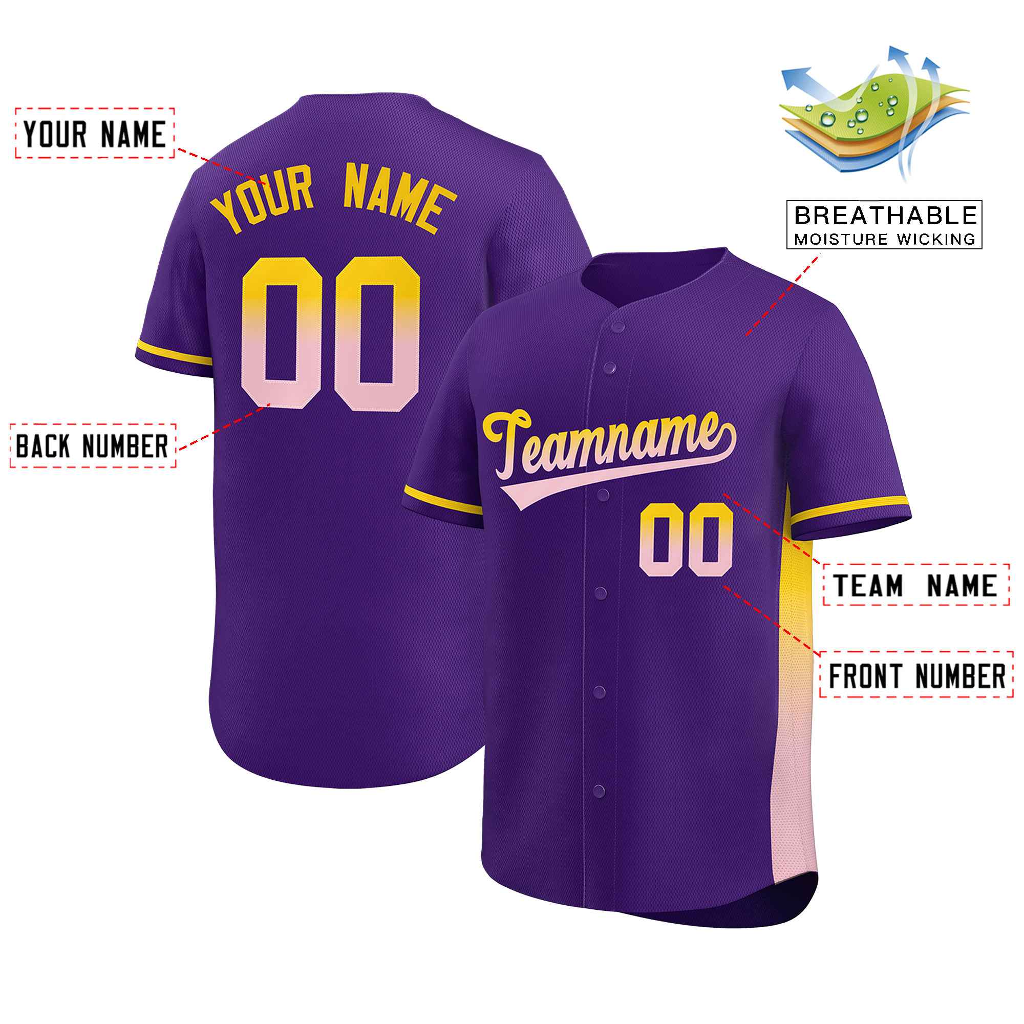 Custom Purple Gold-Lt Pink Personalized Gradient Font And Side Design Authentic Baseball Jersey