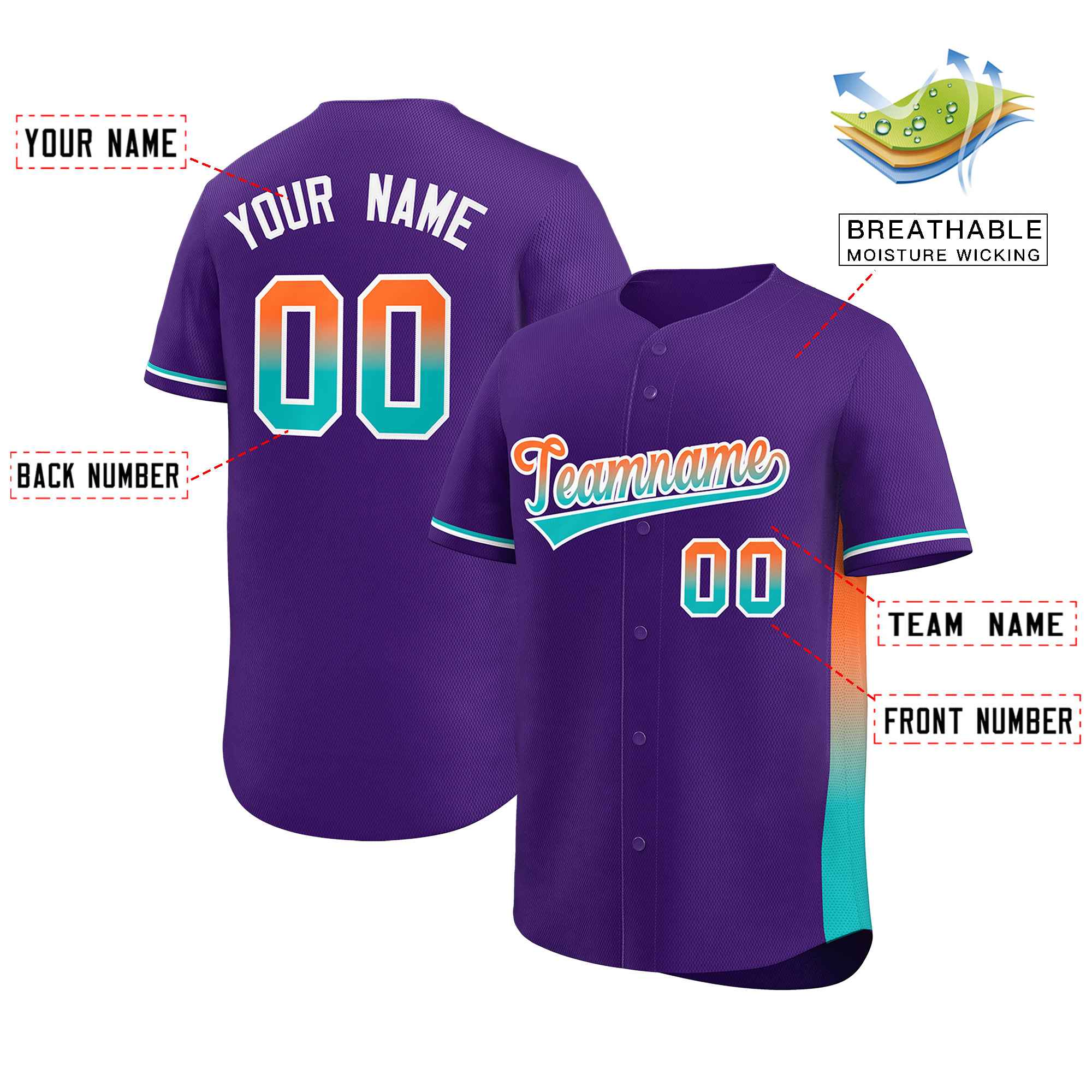 Custom Purple Orange-Aqua Personalized Gradient Font And Side Design Authentic Baseball Jersey