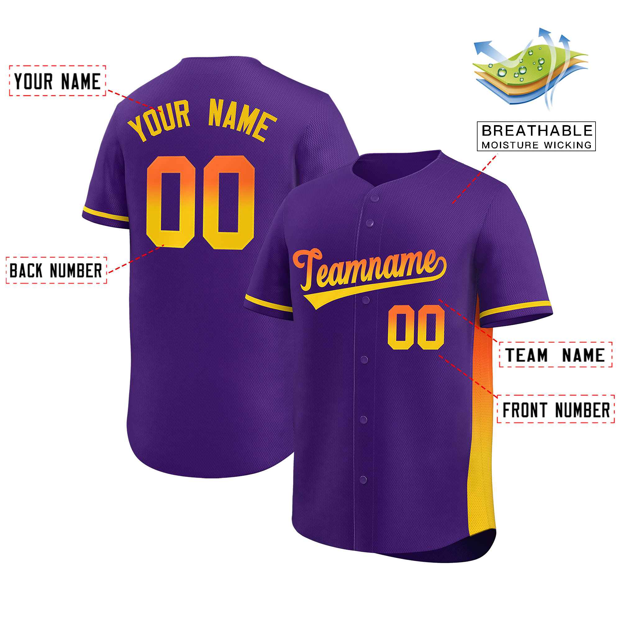 Custom Purple Orange-Gold Personalized Gradient Font And Side Design Authentic Baseball Jersey