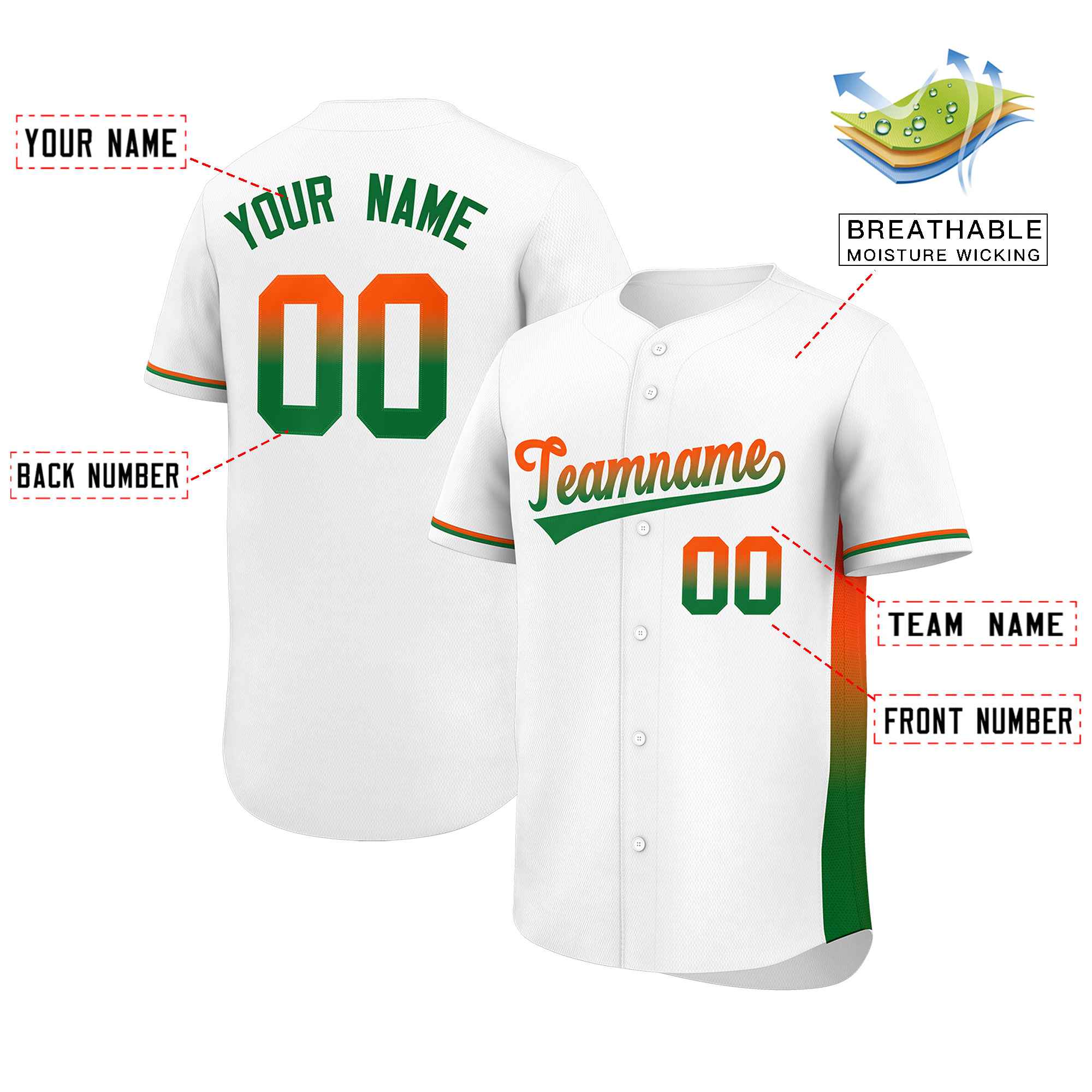 Custom White Orange-Kelly Green Personalized Gradient Font And Side Design Authentic Baseball Jersey