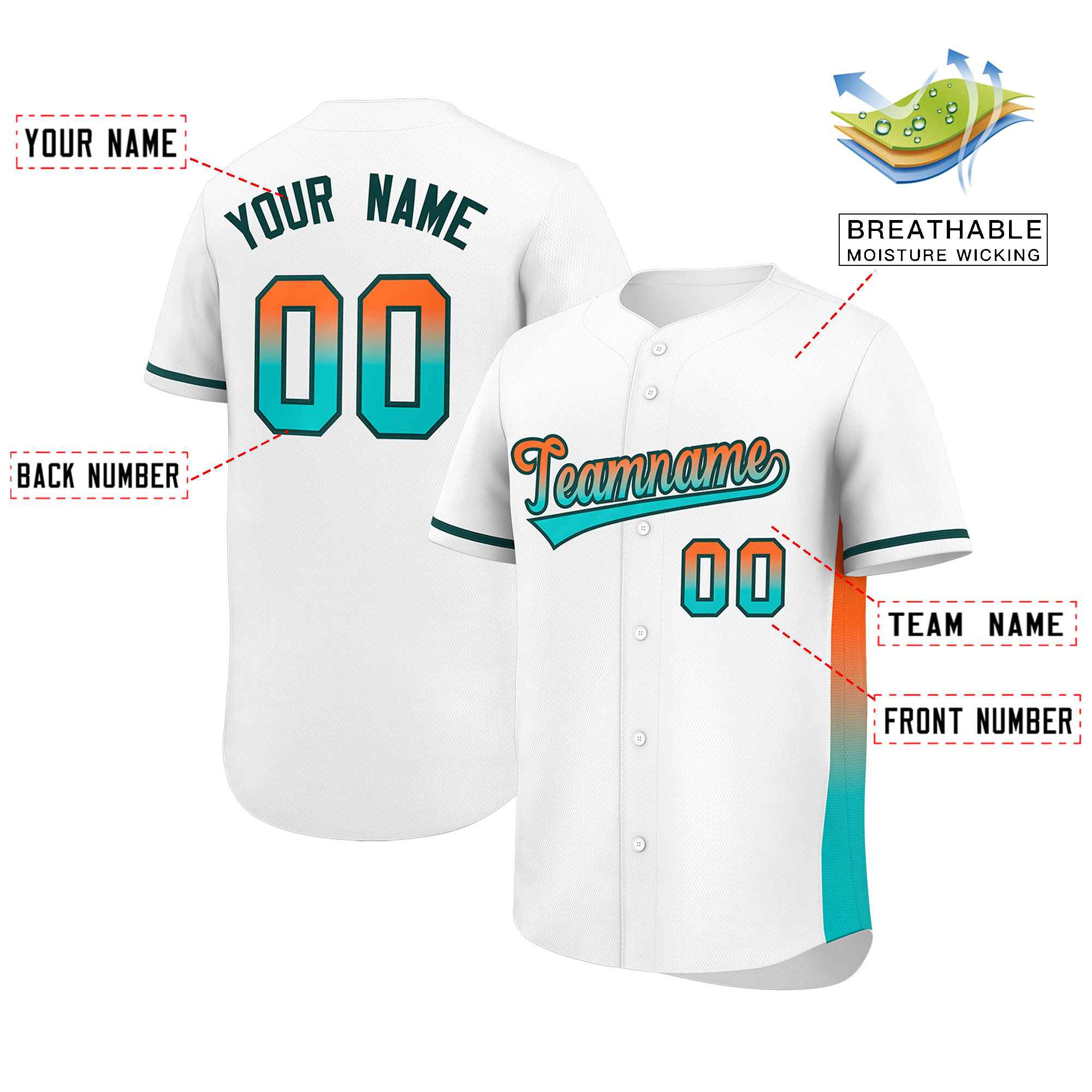 Custom White Orange-Aqua Personalized Gradient Font And Side Design Authentic Baseball Jersey